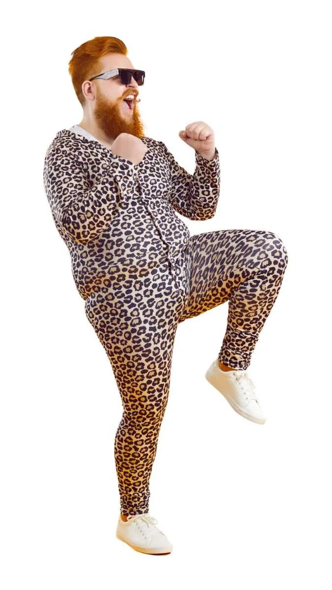Excited person in leopard print jumpsuit