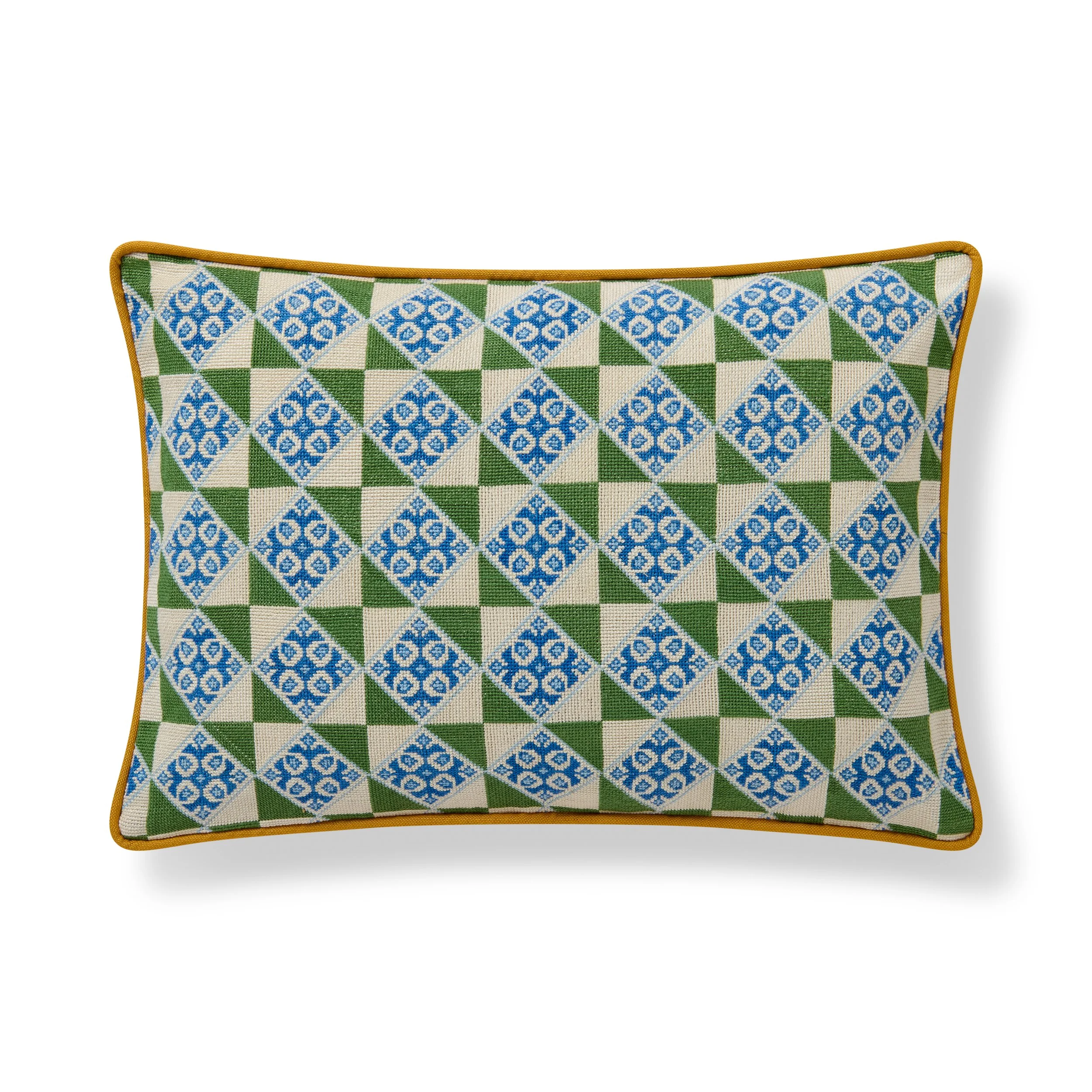 Dasha hand-embroidered cushion cover - green & blue with yellow piping
