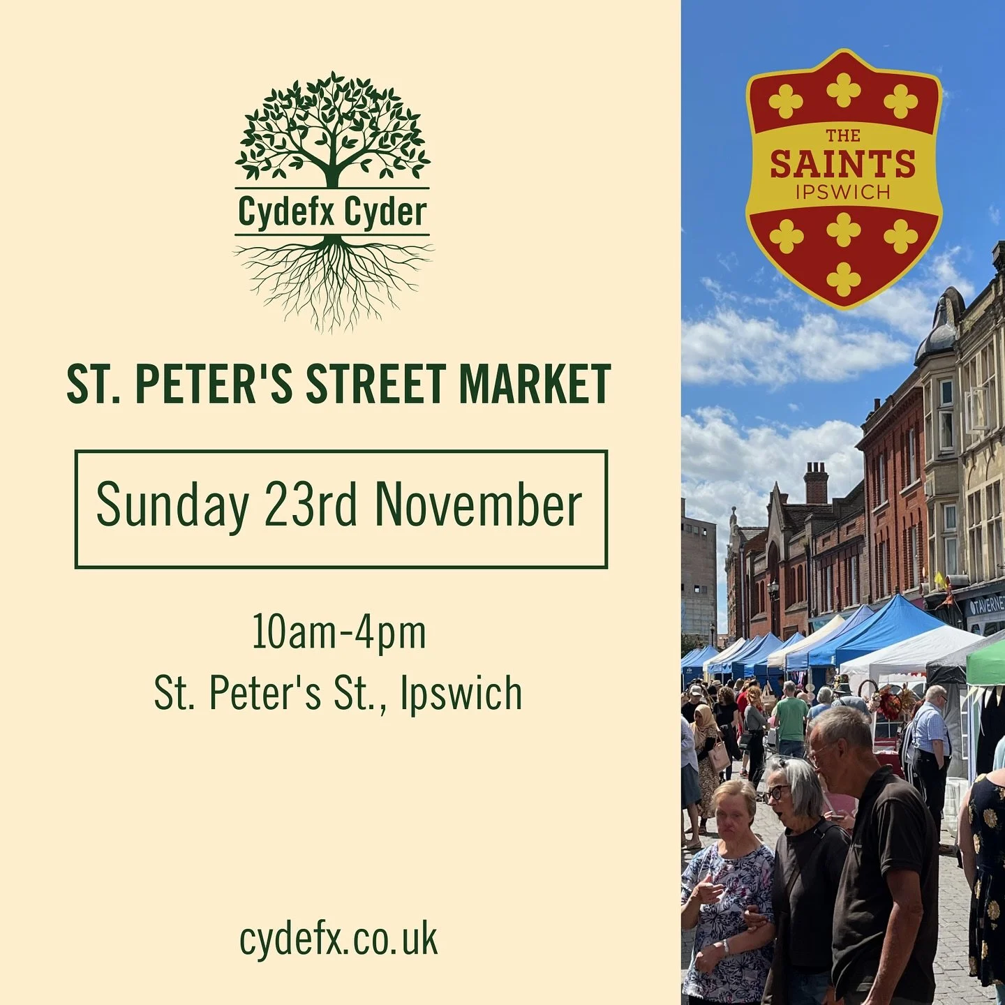 This Sunday (23rd Nov) you can find us on St. Peter&rsquo;s Street, Ipswich. We&rsquo;ll be serving mulled cyder and offering our full range of delicious apple based beverages. Come on down and visit the Saints Festive Street Market @thesaintsipswich