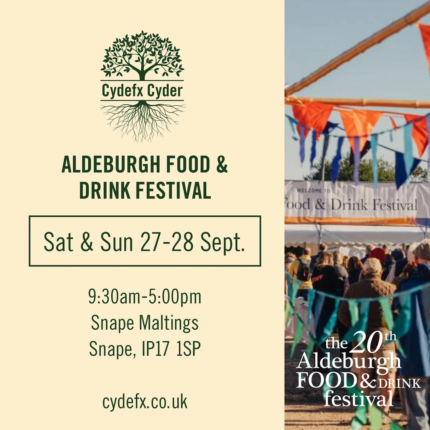 This weekend we&rsquo;re excited to be at the 20th Aldeburgh Food &amp; Drink Festival @aldeburghfood . Come down to Snape Maltings @snapemaltings and get yourself one of our kegged cyders: IPSWICH, CYDEFX, DISCOVERY and our award winning PERRY!
.
.
