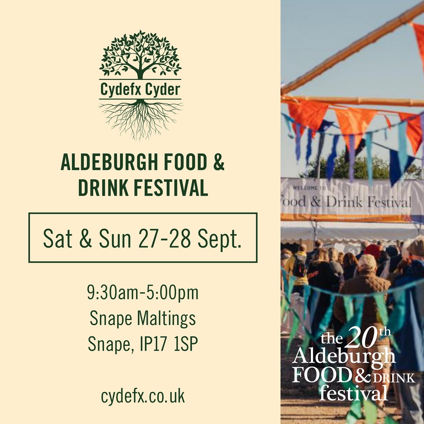 This weekend we&rsquo;re excited to be at the 20th Aldeburgh Food &amp; Drink Festival @aldeburghfood . Come down to Snape Maltings @snapemaltings and get yourself one of our kegged cyders: IPSWICH, CYDEFX, DISCOVERY and our award winning PERRY!
.
.
