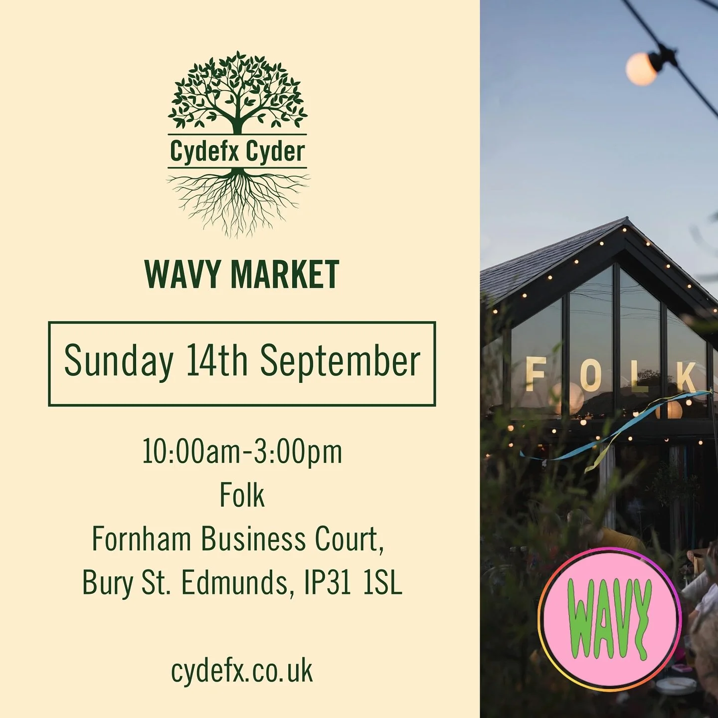 Looking forward to this one tomorrow. It&rsquo;s the @wavymarkets market @folksuffolk just outside Bury St. Edmunds. See you there!
.
.
.
.
#craftcider #realcider #suffolkcider #cydefx #wavymarkets #folksuffolk
