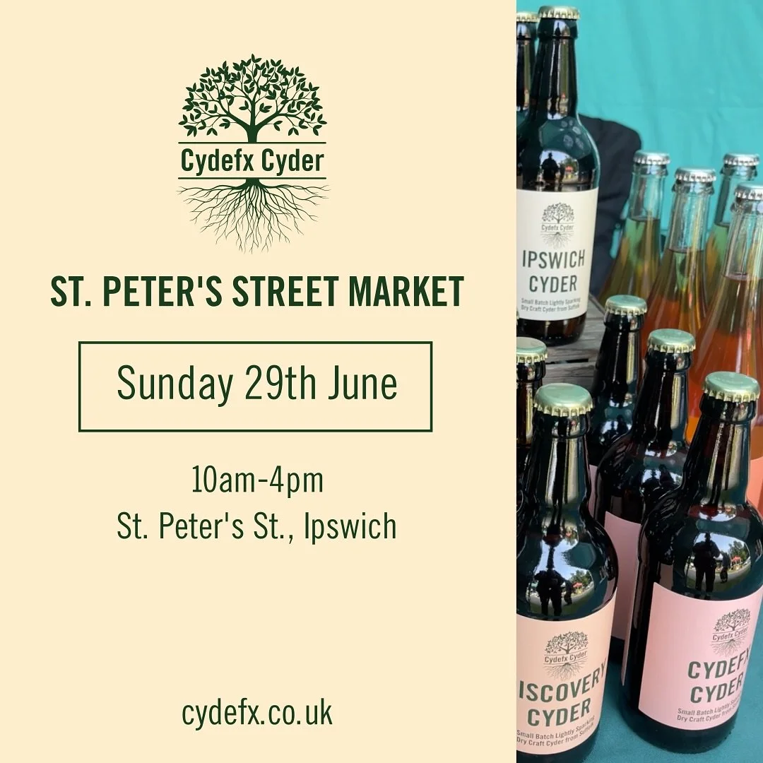 This Sunday - come and sample our cyders on St. Peter&rsquo;s Street. We will have chilled bottles and Draught IPSWICH CYDER on tap. Perfect for a hot sunny day!
.
.
.
.
#craftcider #realcider #suffolkcider #cydefx
