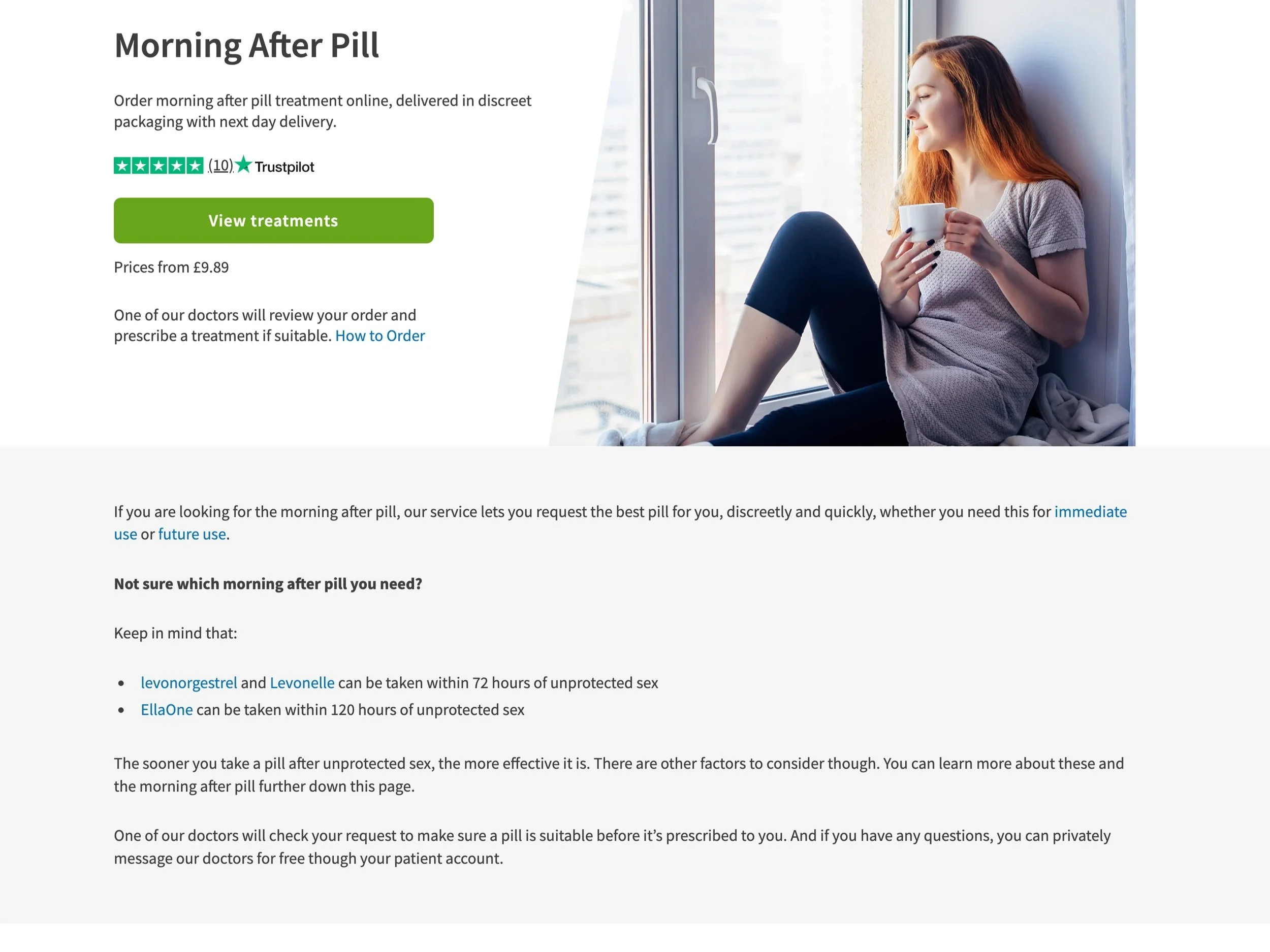 The current emergency contraception page (Oct 2022) following our changes. We updated the content in this intro block to add information that would help guide users into choosing a preferred product.