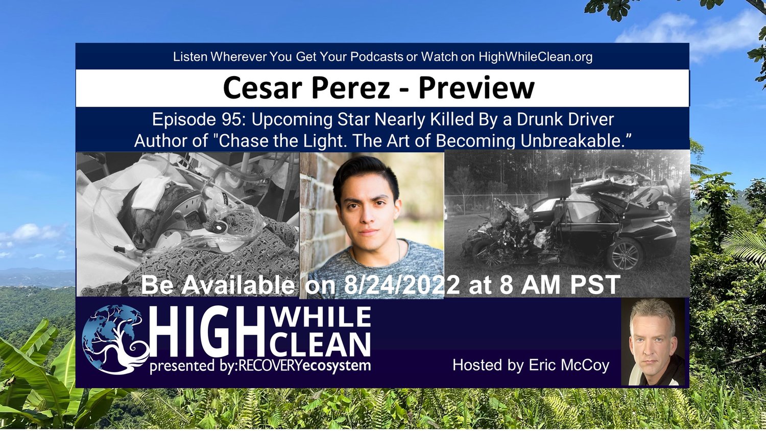 Preview of Episode 095: Cesar Perez. Drunk Driver Nearly Killed Him. Actor, Graphic Designer, Author: Chase the Light