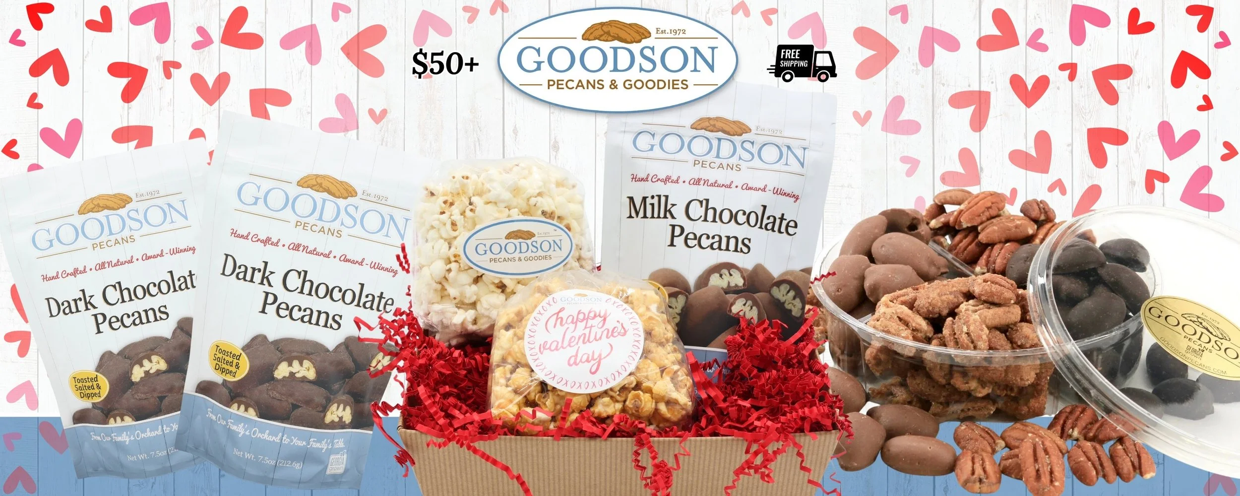 This Valentine’s Day give a gift you can both enjoy! Check out our limited time Valentine’s day gift basket with our chocolate covered pecans and popcorn! 