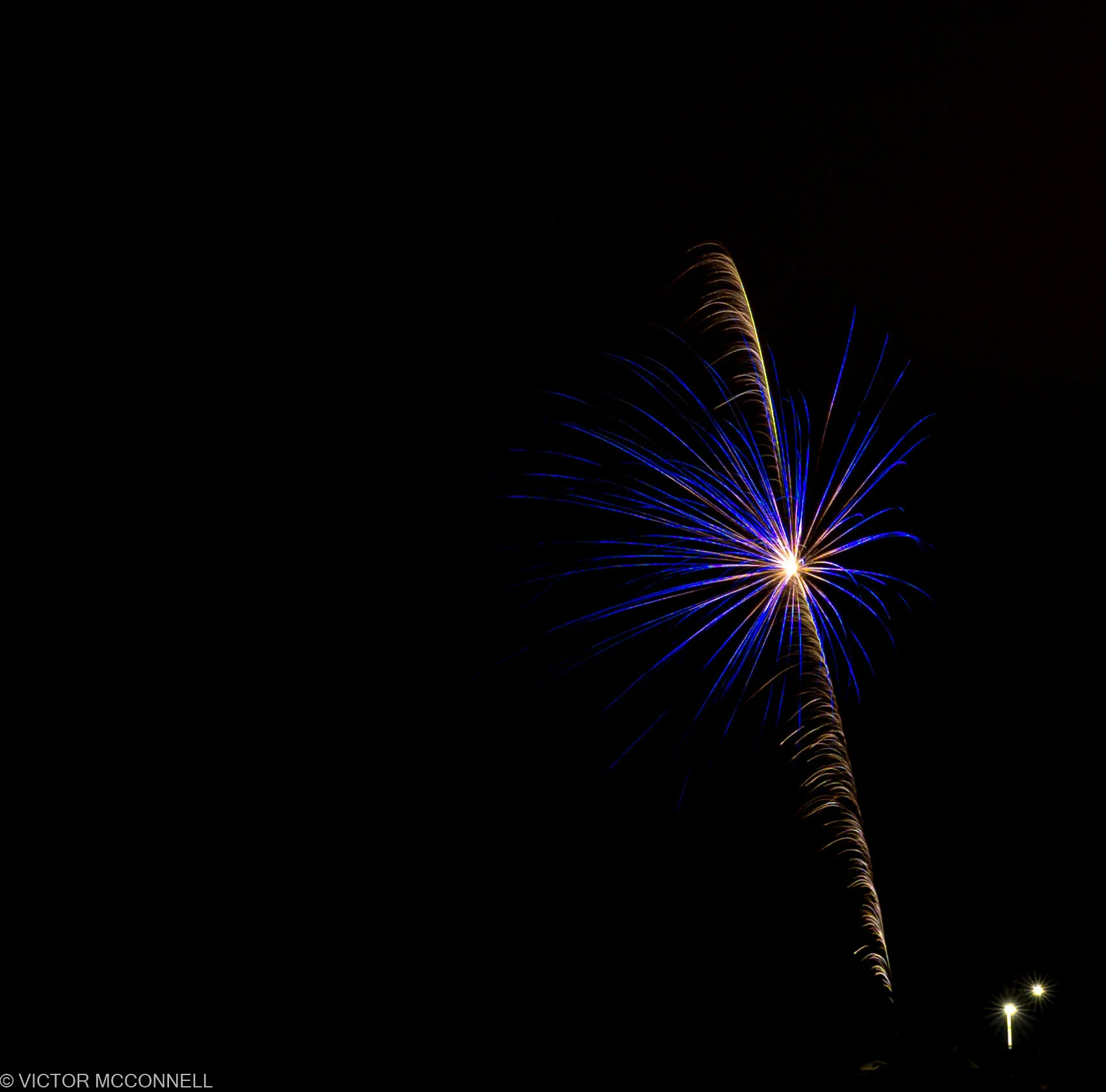 Fireworks exploding in the night sky with bright colors and trails.