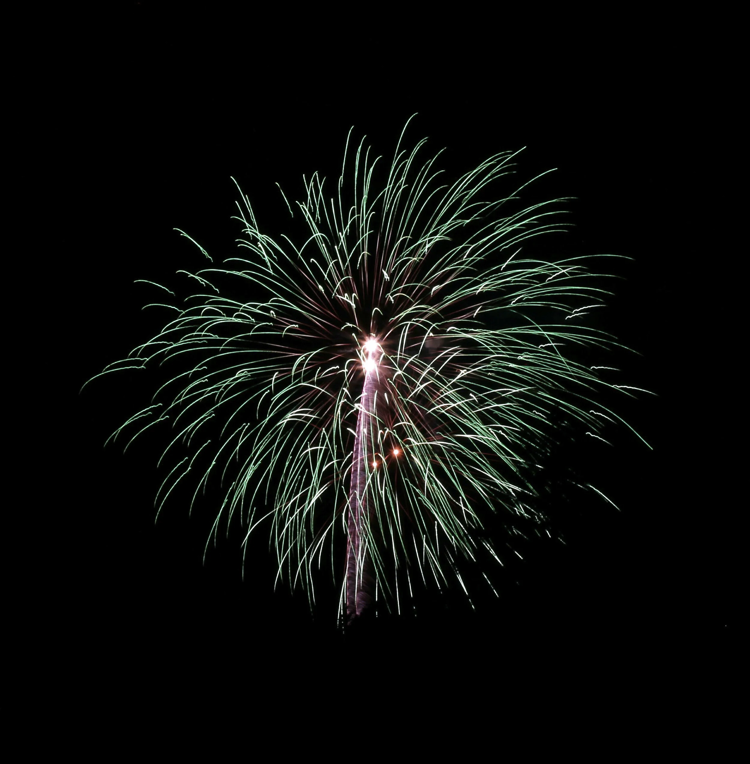 Fireworks exploding in the night sky with streaks of green and red light.