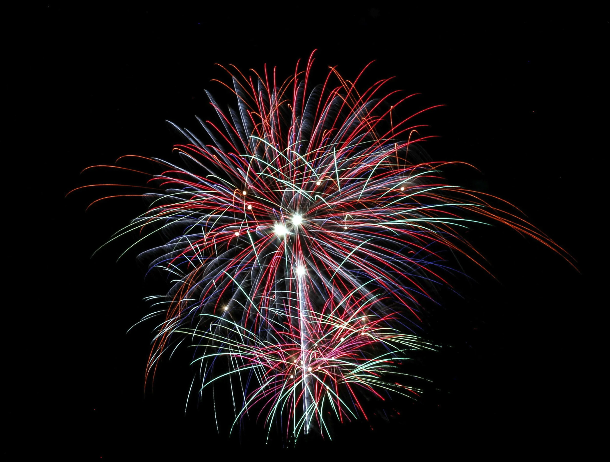 Colorful fireworks display against a black night sky.