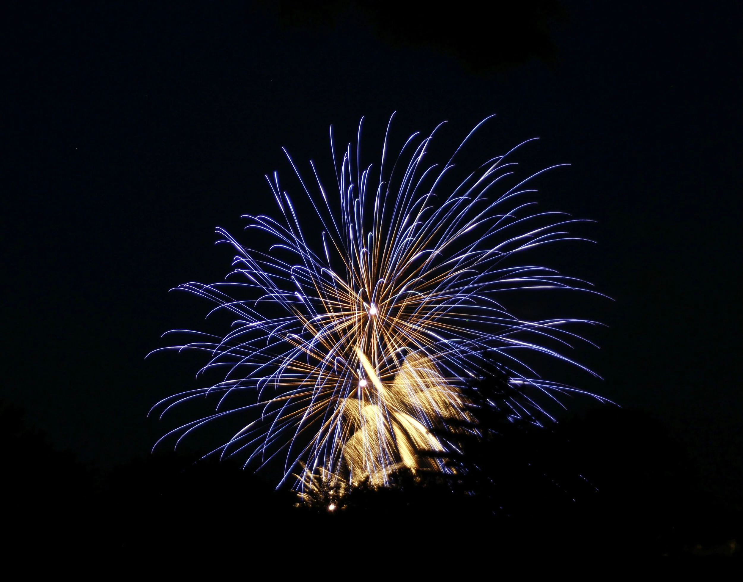 Fireworks exploding in the night sky with streaks of blue and orange light.