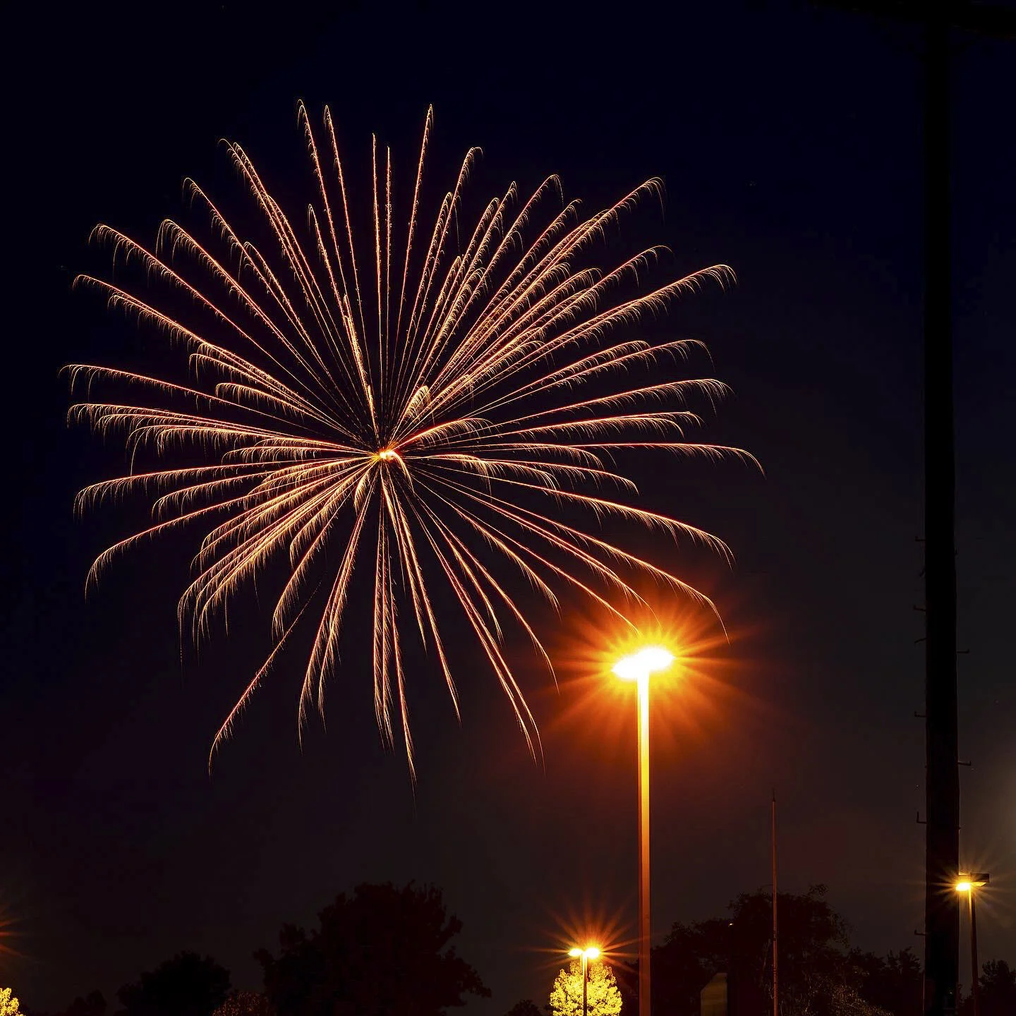 Fireworks exploding in the night sky with streetlights illuminating the scene.