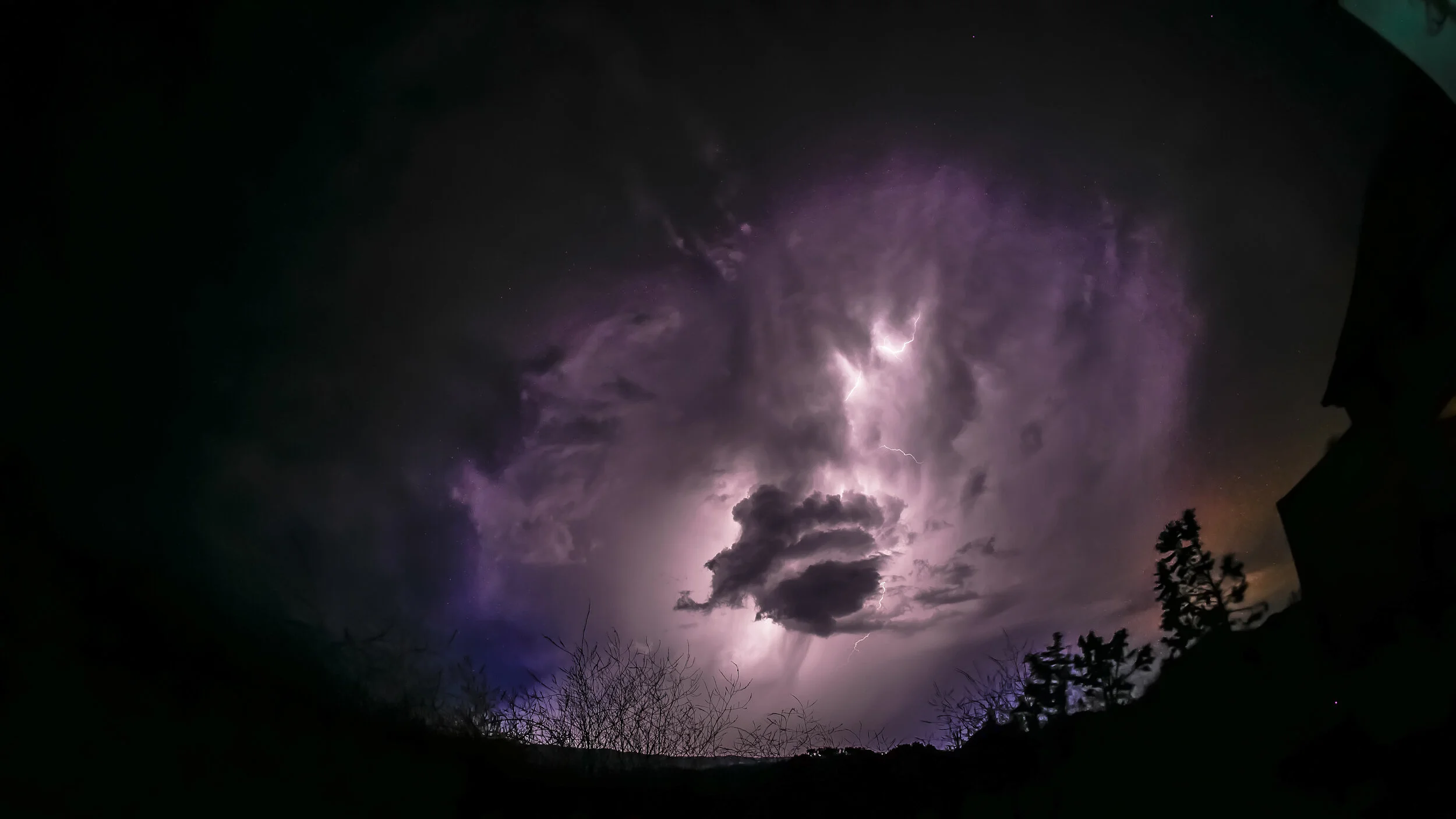 Night sky with lightning illuminating purple and gray storm clouds, silhouetted trees in the foreground.