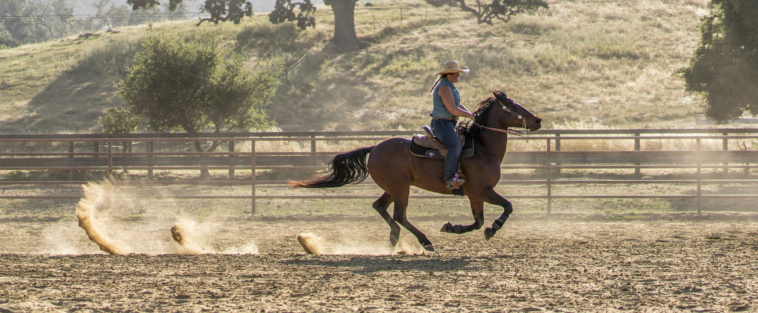 A woman wearing a cowboy hat riding a galloping brown horse in an outdoor riding arena with dust clouds and a wooden fence, trees, and hills in the background.