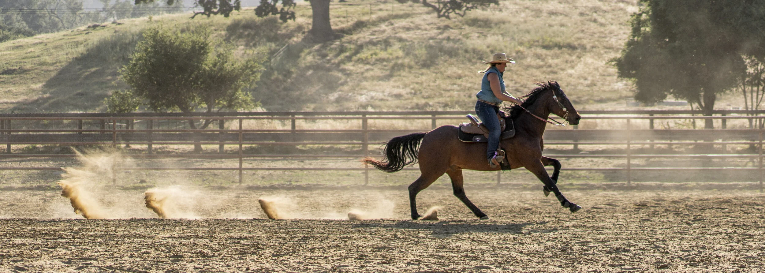 A woman riding a galloping horse on a dirt field with trees and hills in the background.