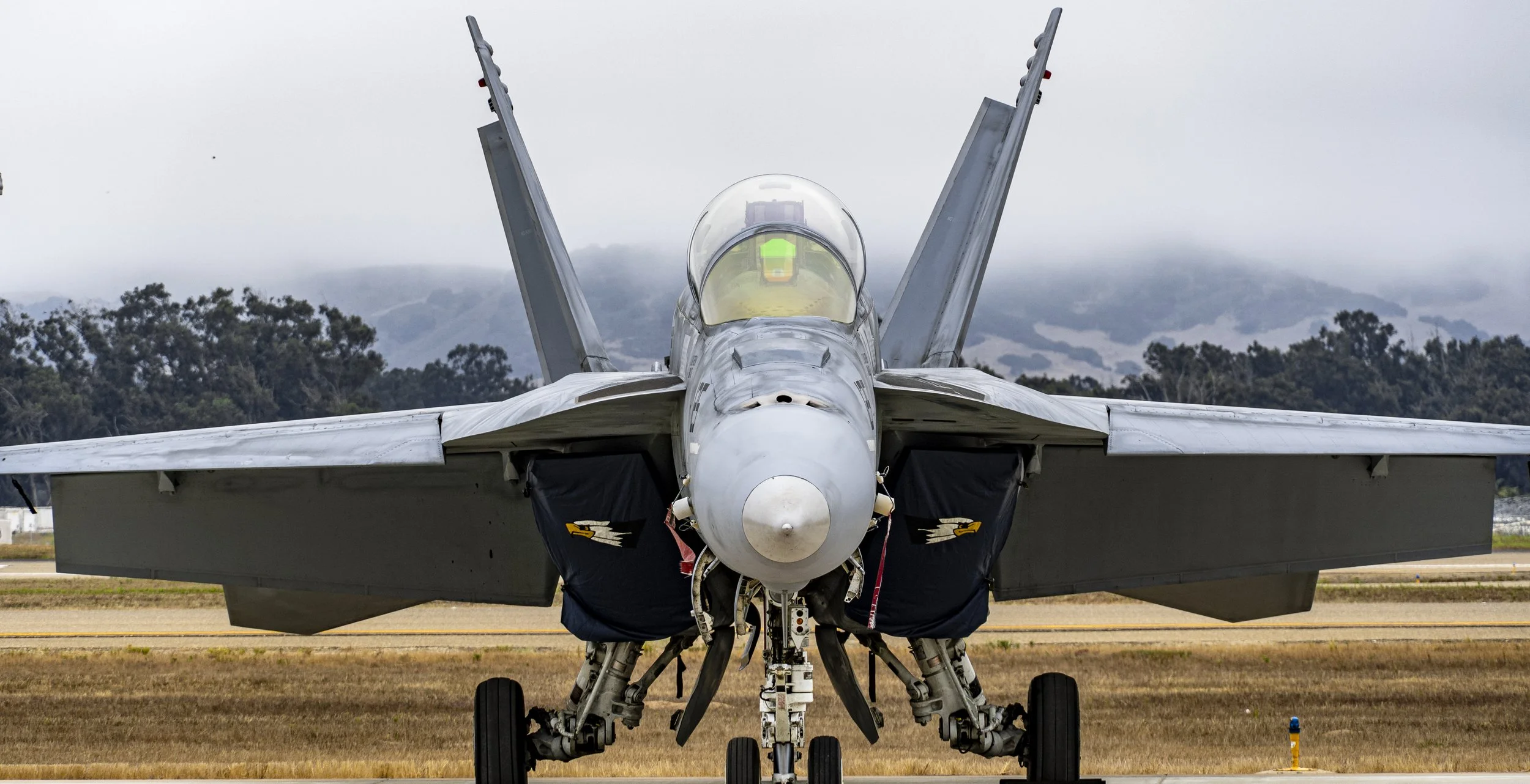 Front view of a fighter jet aircraft on a runway with trees and cloudy sky in the background.