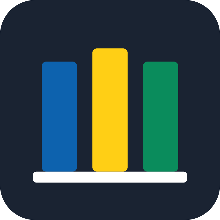Colorful bar chart with three bars in blue, yellow, and green on a dark background.