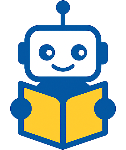 Cartoon robot with a blue body and antenna, holding a yellow book.