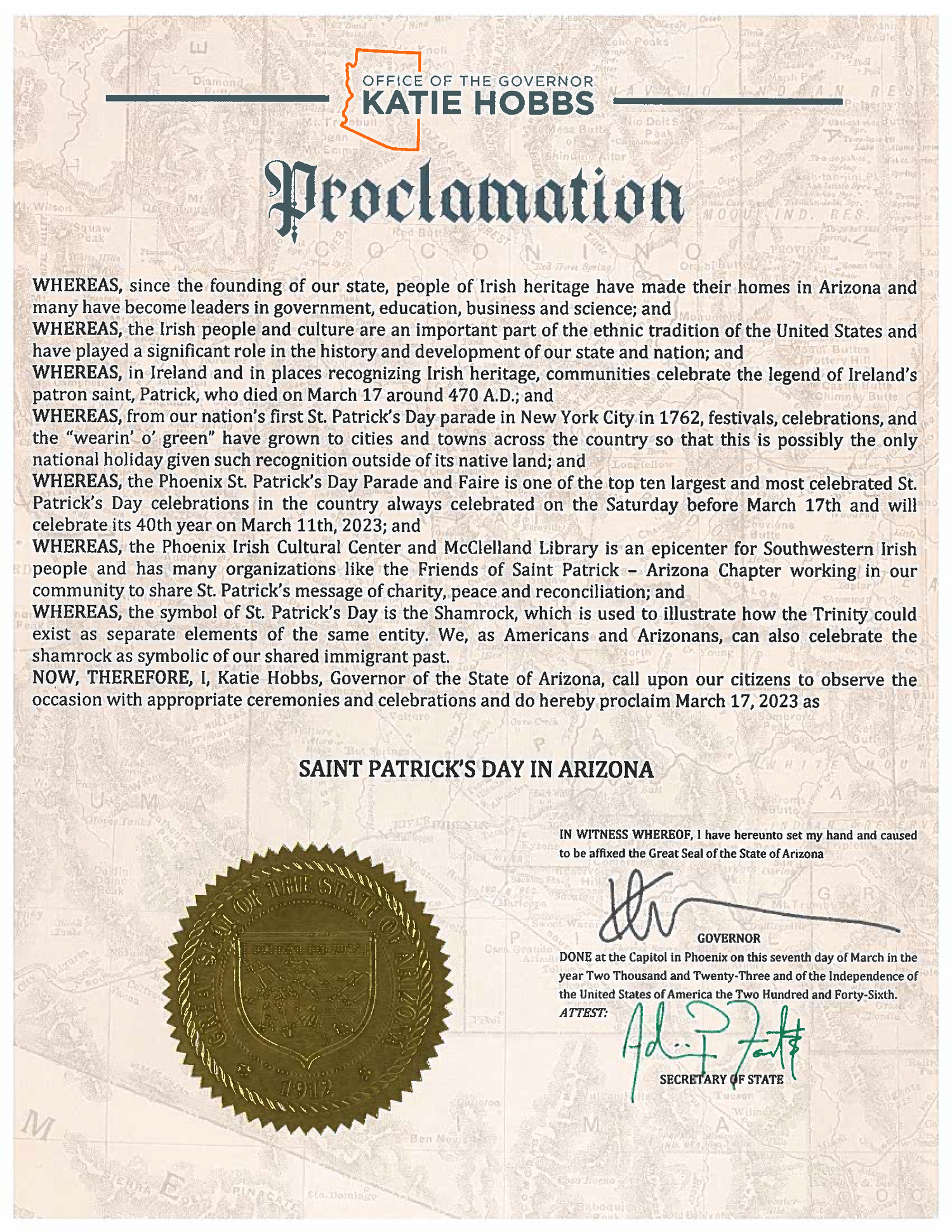 A Proclamation A Proclamation from Governor Katie Hobbs — St. Patrick's Day Parade ...