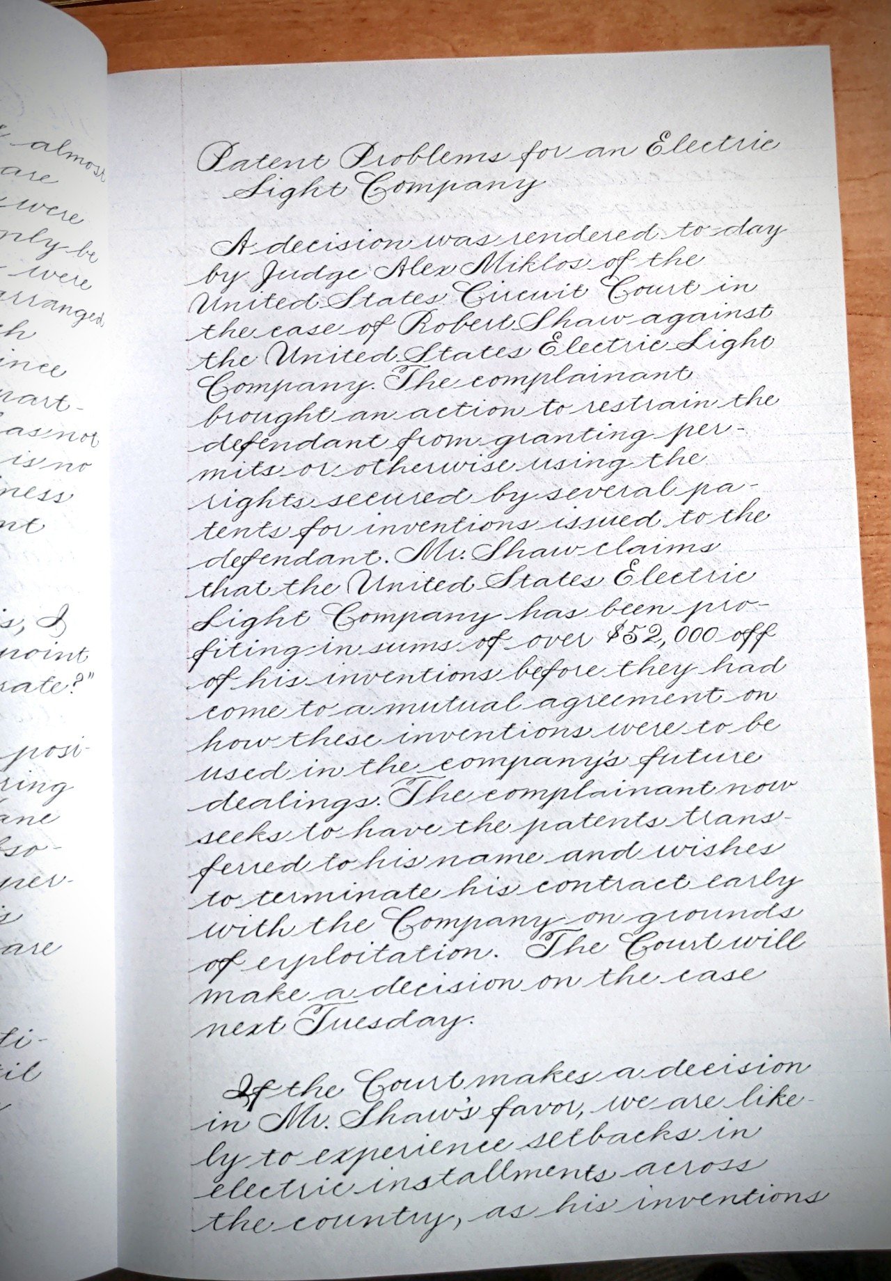 Draft of a newspaper article in Spencerian script on hand-reproduced foolscap paper for character Peggy Scott in The Gilded Age