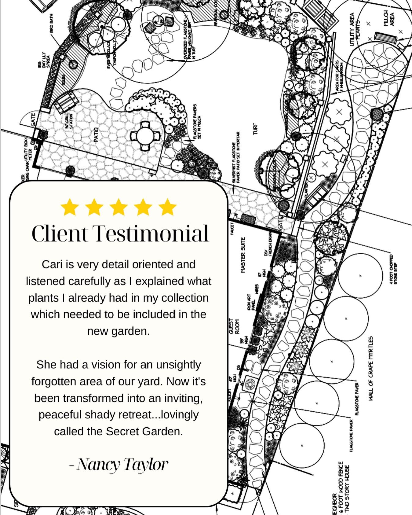 Client Testimonial Day!

I was blessed to work with another Master Gardener on a landscape design for her new home.  Nancy has always been a mentor to me, as she taught me about hundreds of plants as interns together while always answering my questio