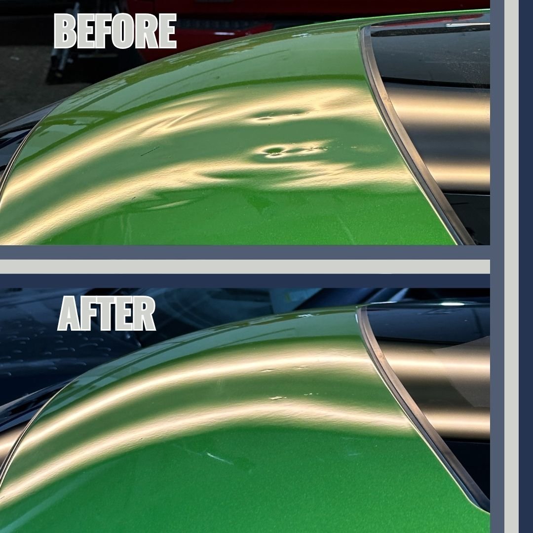 This green machine was left with some ugly damage after a fight with a lift and a junction box! An almost undetectable ✨ repair by Luke means this car's driver can get back to enjoying their ride. 🛣 #happycustomer #pdr #hail #haildamage #haildamager