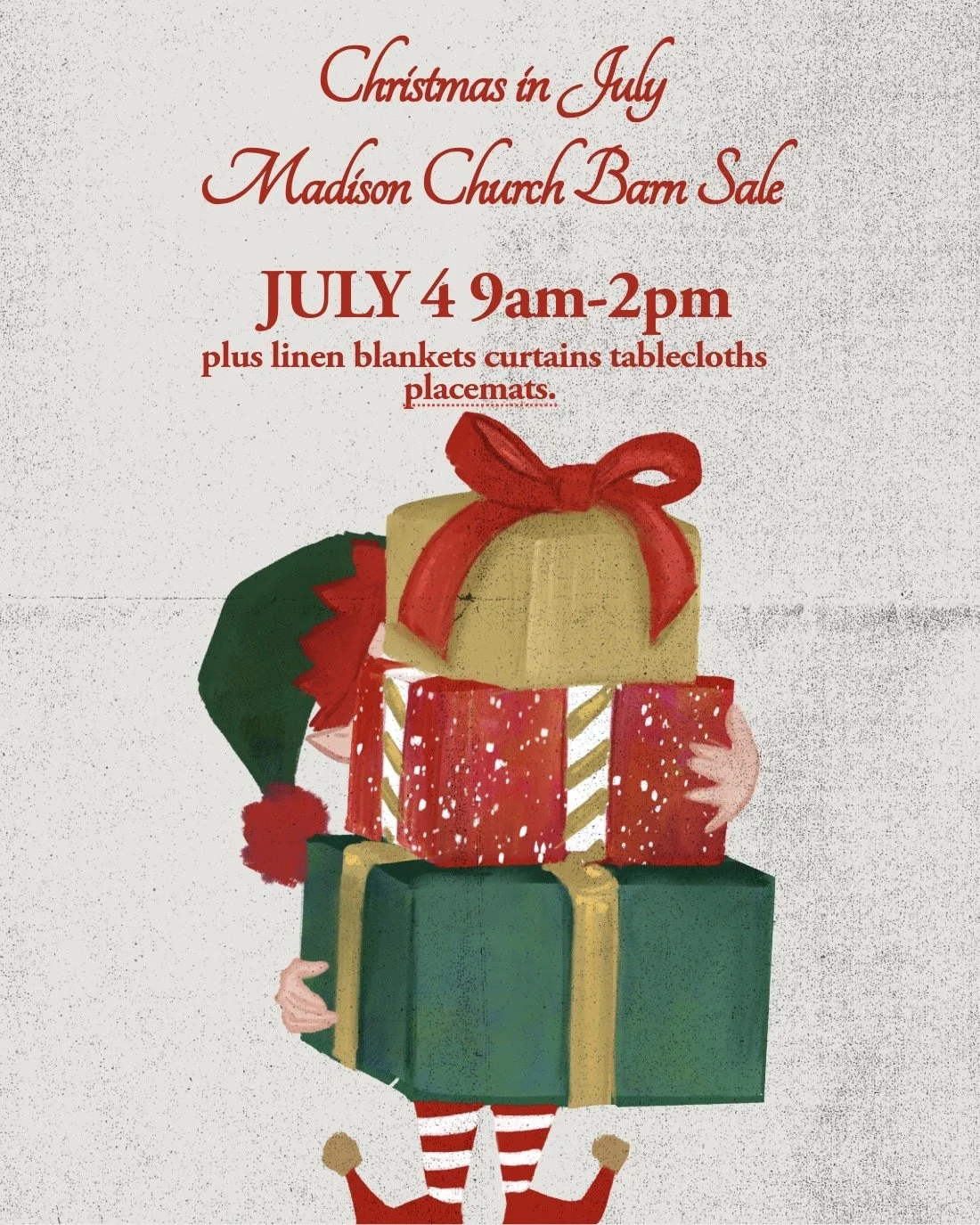 flyer announcing a Christmas in July yard sale at the Madison Church on July 4, 9am to 2pm