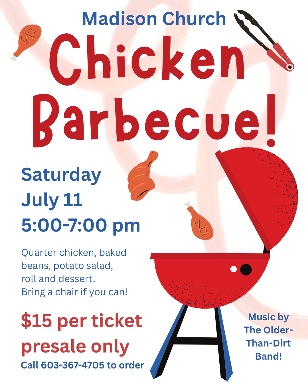 Flyer announcing Madison Church Chicken Barbecue on July 11, call 603-367-4705 to reserve tickets