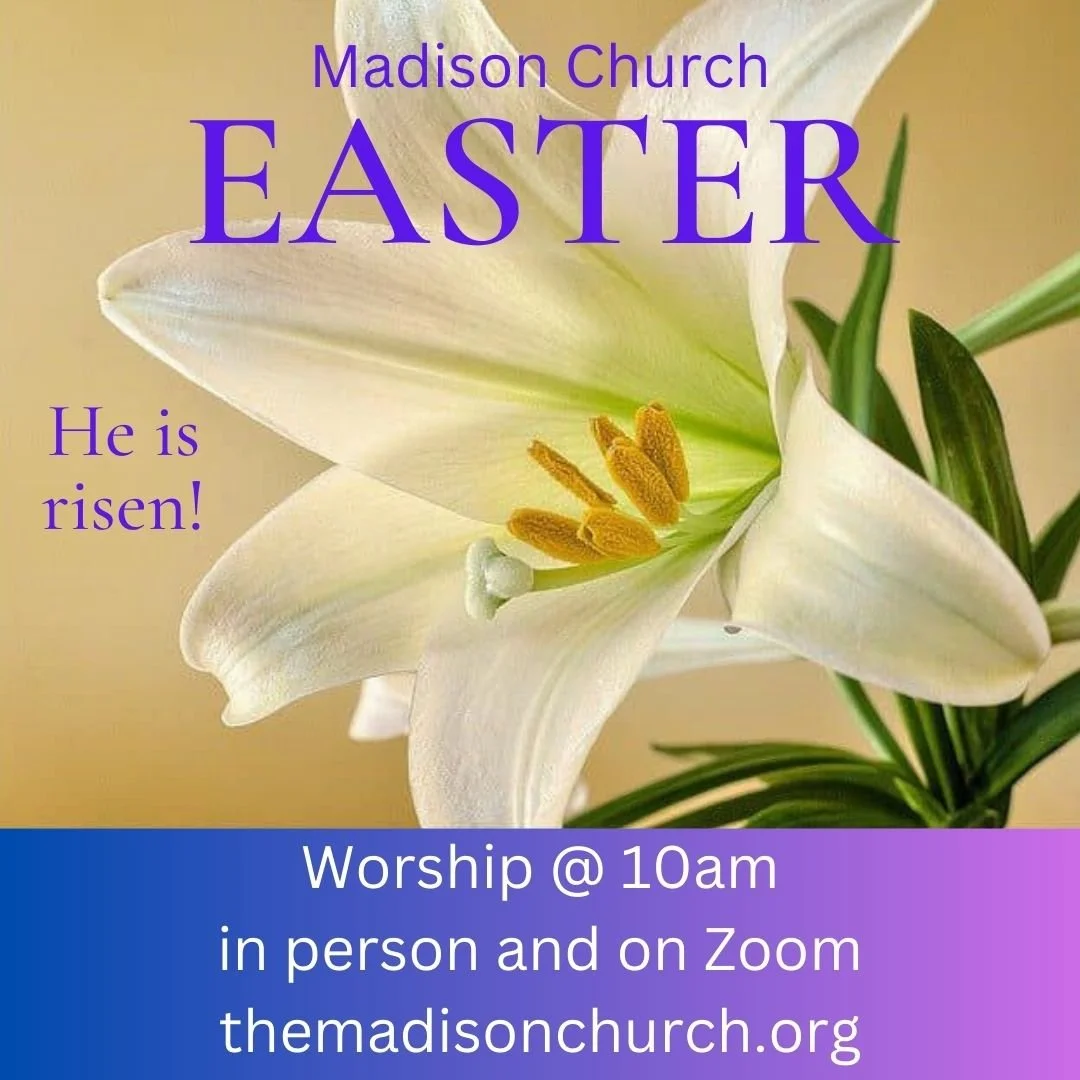 IMge announcing Easter Sunday worship service at 10:00 AM at the Madison Church in Madison, New Hampshire