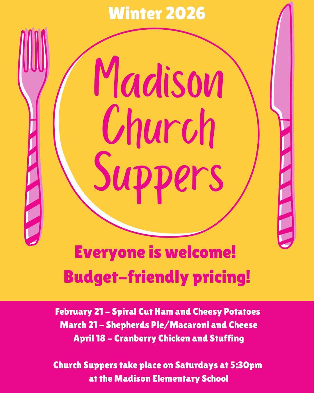 poster image announcing church suppers on February 21, March 21, and April 18, all at 5:30 at the elementary school