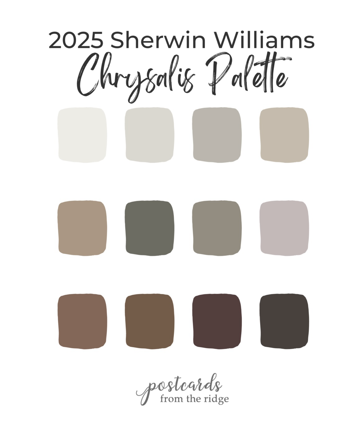 Sherwin Williams 2025 Chrysalis Palette with soft neutrals and earthy tones.