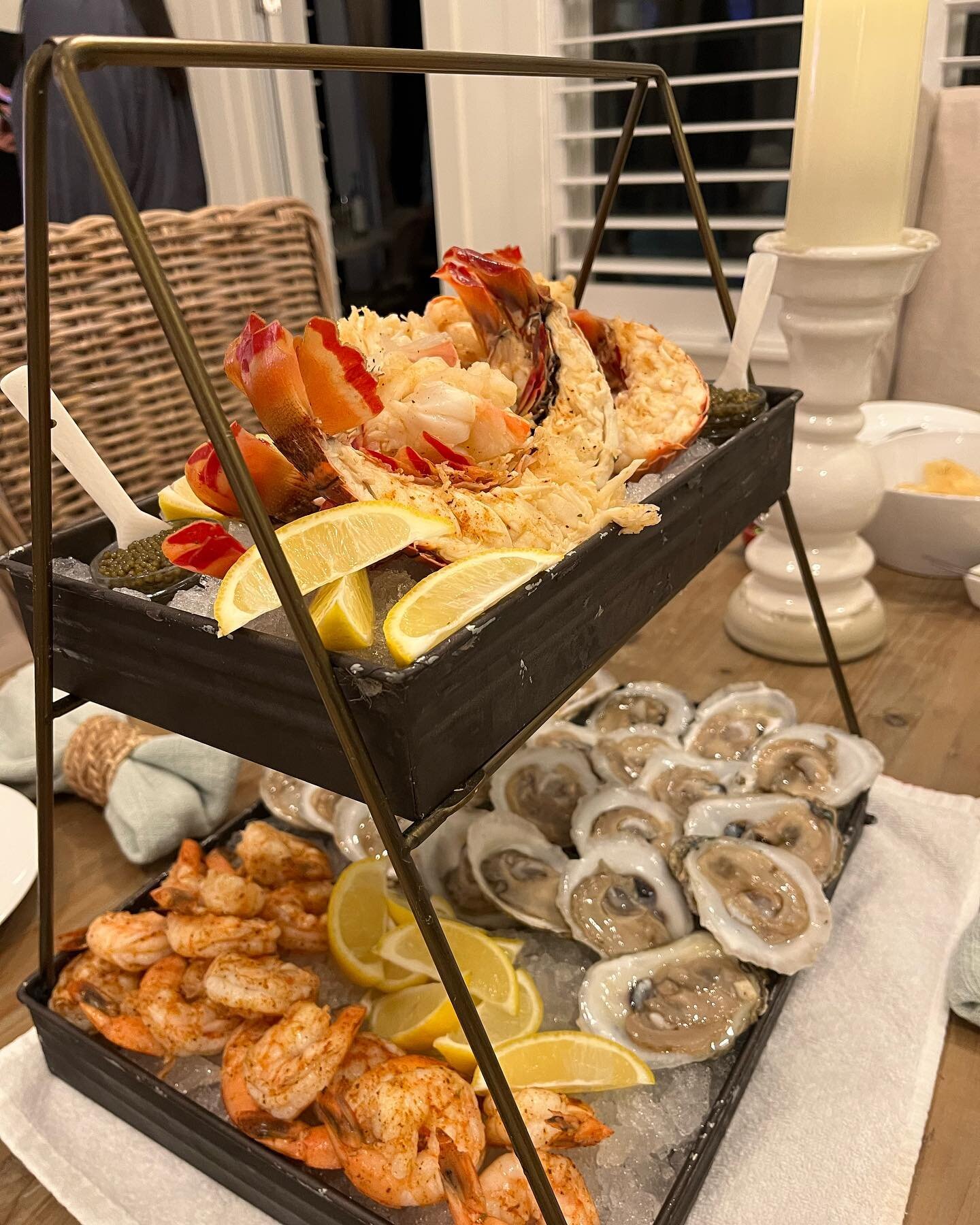 Had some fun in Watersound Origins with some of my favorites ☺️. Seafood tower with osetra caviar, east coast oysters, local shrimp, &amp; FL lobster tails. Seared diver scallops topped with @regalisfoods foie gras &amp; local bacon over white aspara