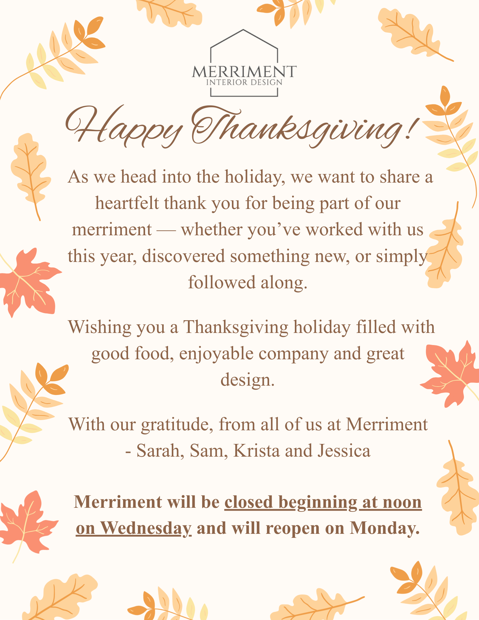 Merriment Closed for Thanksgiving