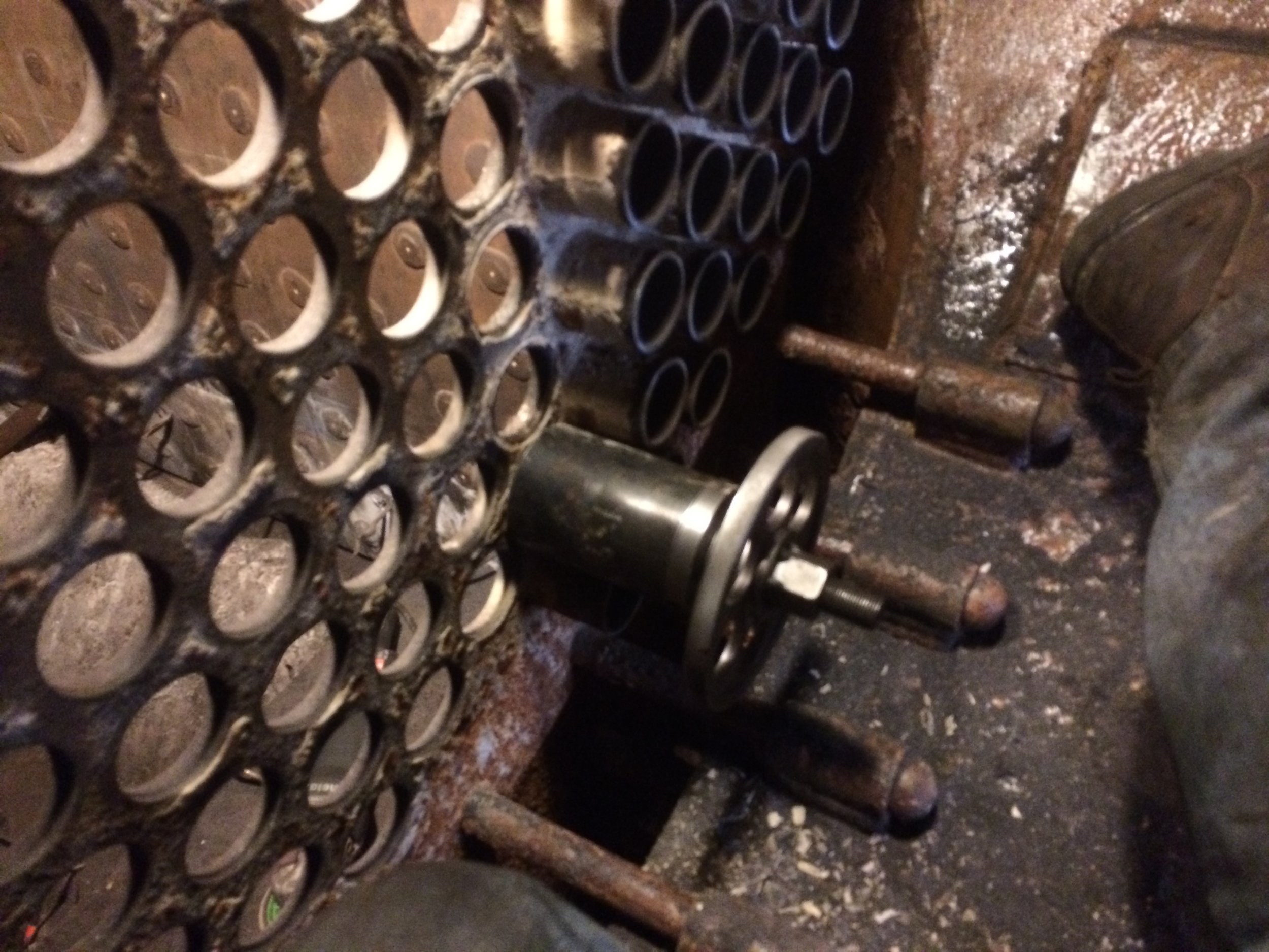  A view of cutting off the tube stubs from the rear tube sheet.  
