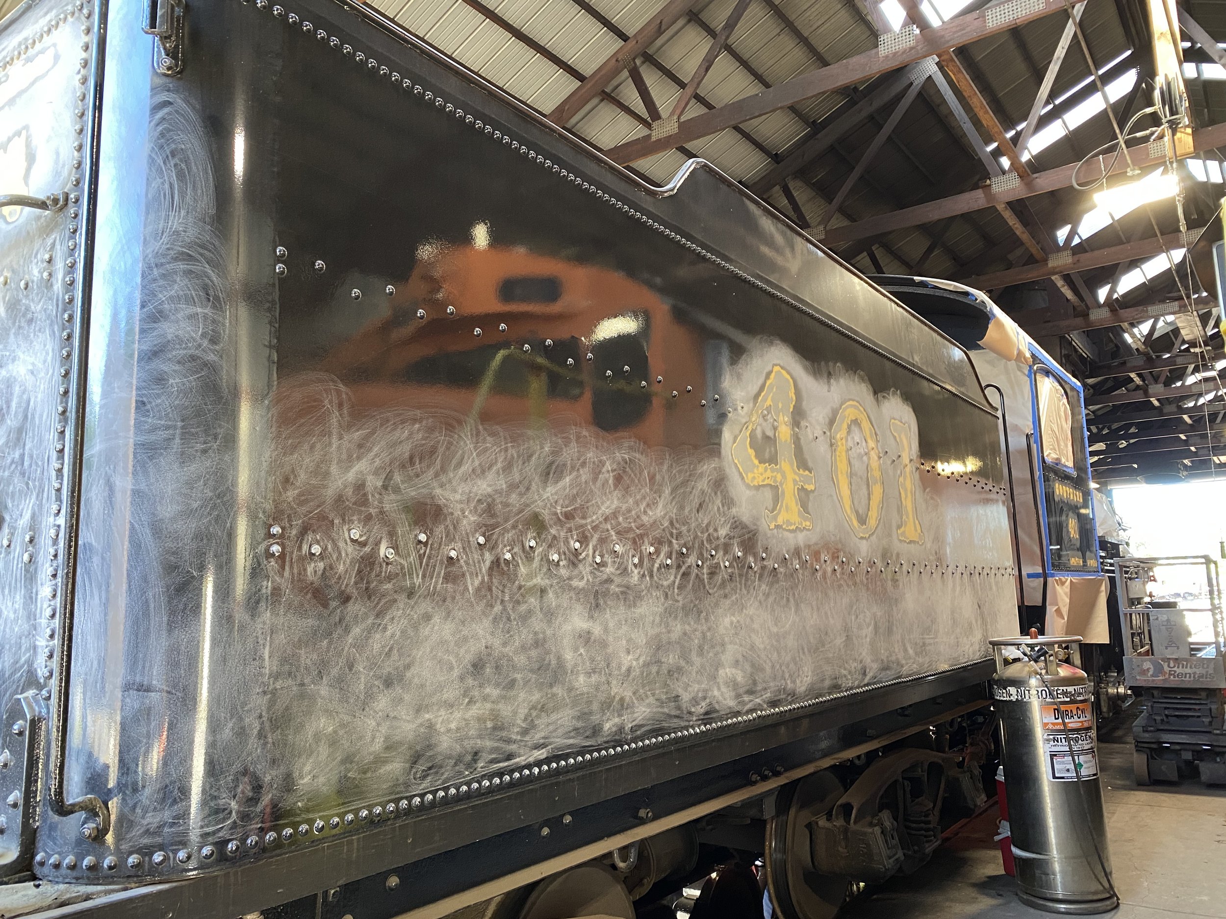  Before she returns to service, volunteers also repainted portions of the engine, including partially repainting the tender.  