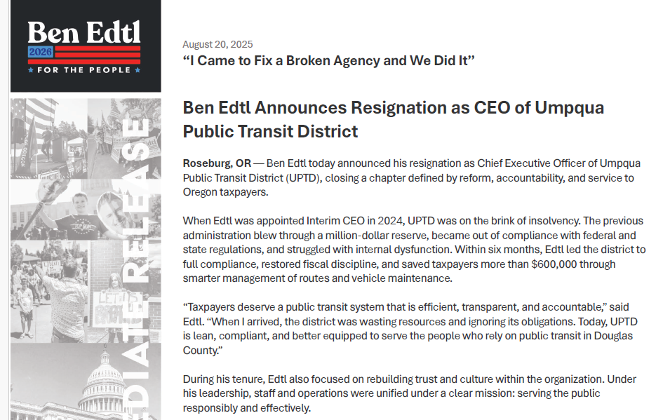 Ben Edtl Announces Resignation as CEO of Umpqua Public Transit District