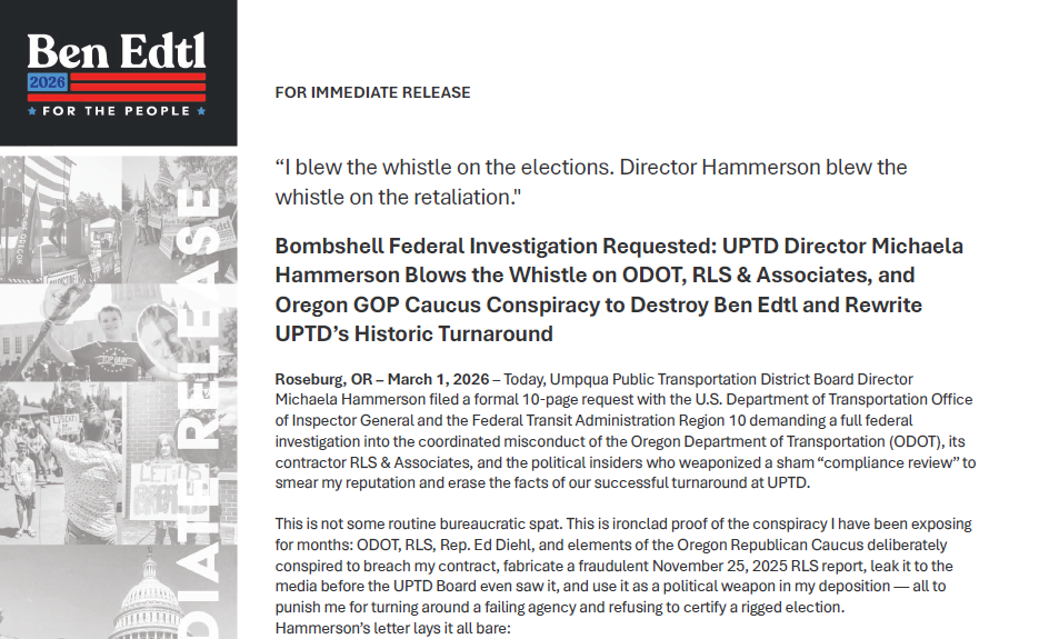 Bombshell Federal Investigation Requested: UPTD Director Michaela Hammerson Blows the Whistle on Conspiracy to Destroy Ben Edtl and Rewrite UPTD’s Historic Turnaround