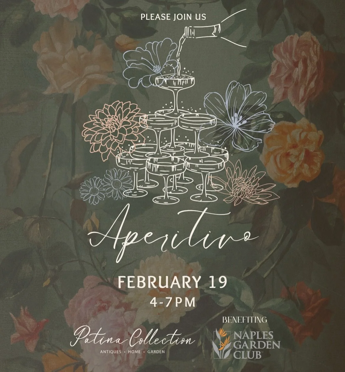 🍷 Join us for our first aperitivo of the year, an evening of beauty, flavor, and community&mdash;benefitting the Naples Garden Club.

Enjoy Italian-inspired sips and bites, stunning floral arrangements, and the debut of our 2026 Patina Olive Oil. Th