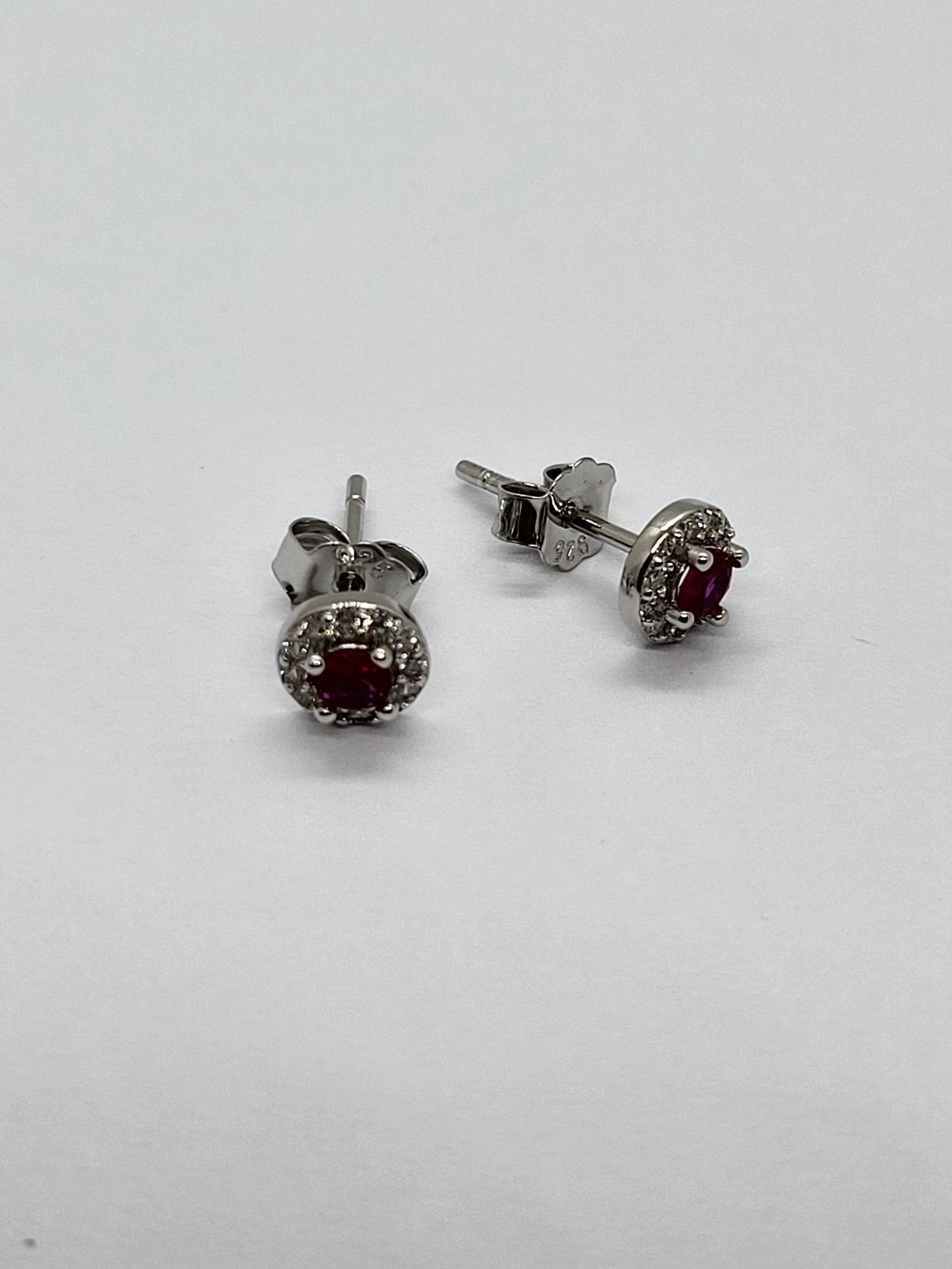 Silver Red CZ Halo Earrings