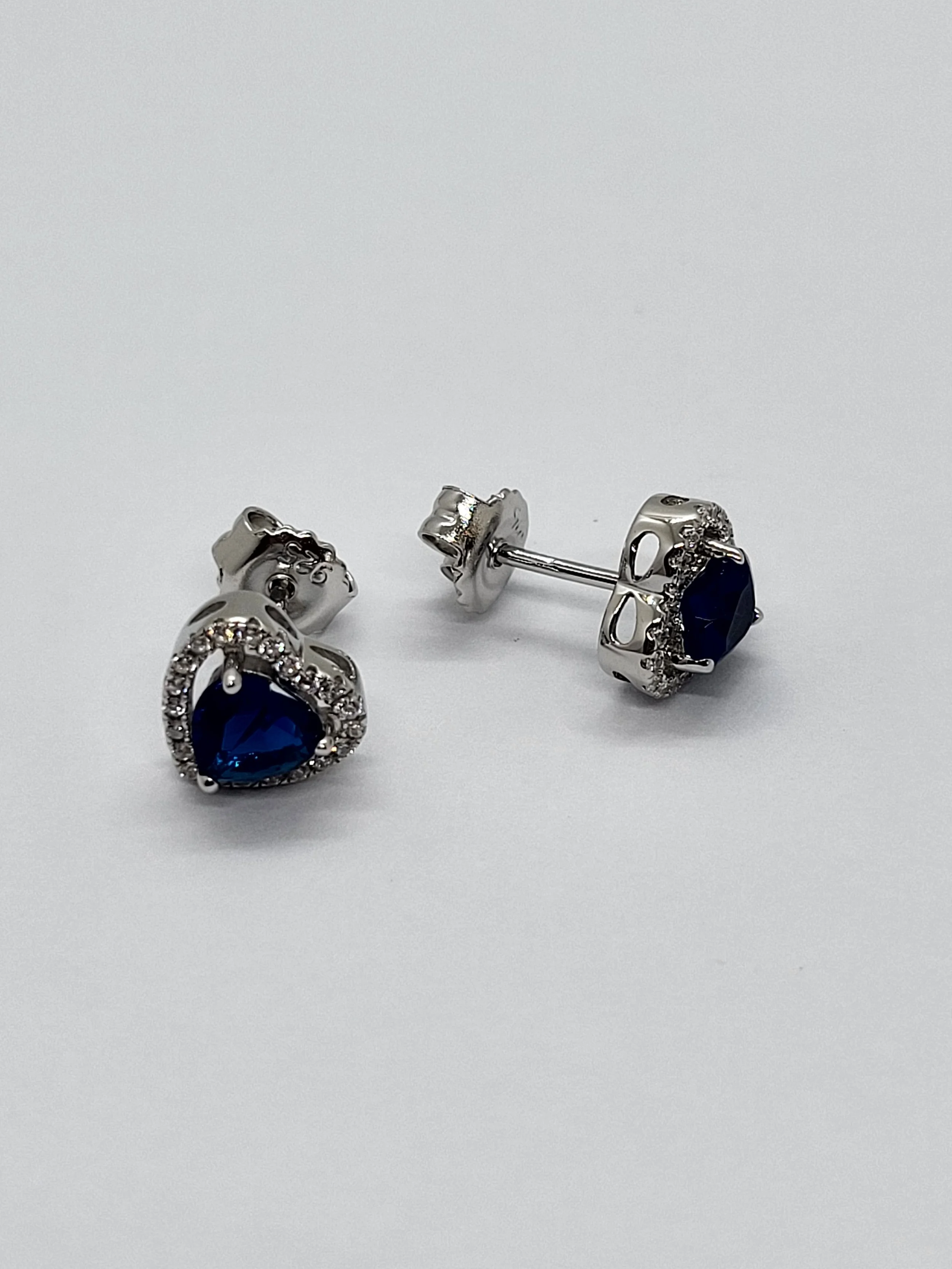 Silver Blue CZ Heart Stud Earrings