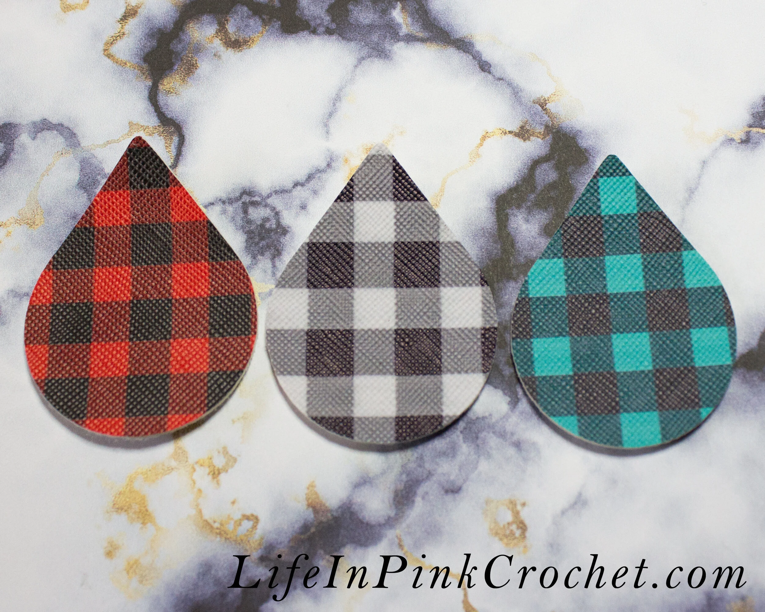 RED & BLACK BUFFALO PLAID Teardrop Earrings Faux Leather Fabric Christmas - Foto 2