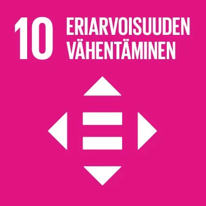 Olemme sitoutuneet eriarvoisuuden vähentämiseen. Merkissä lukee "10 eriarvoisuuden vähentäminen" pinkillä taustalla