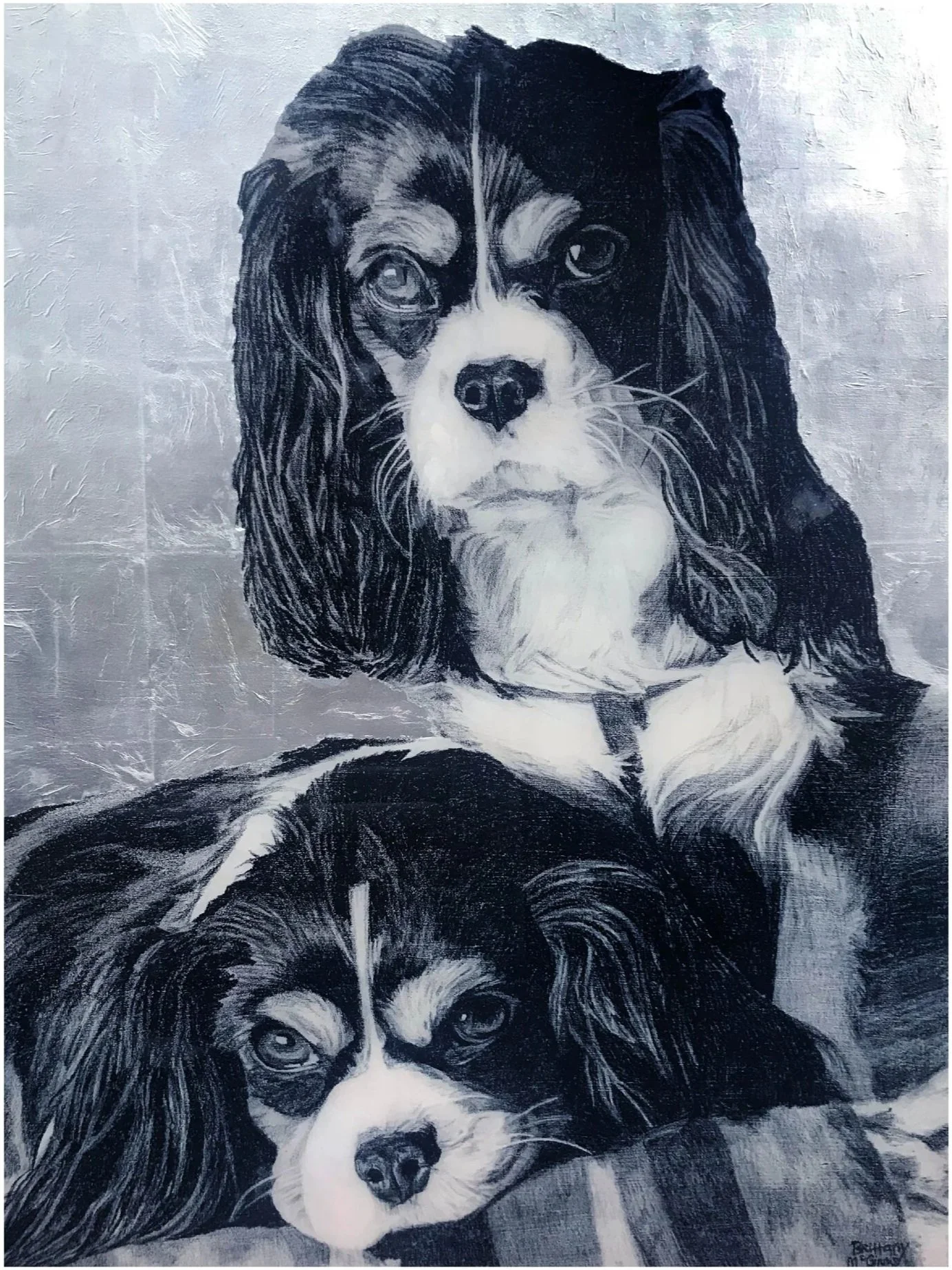 cavaliers / lithographic crayon, silver leaf, and resin on wood panel / 30" x 40" 
