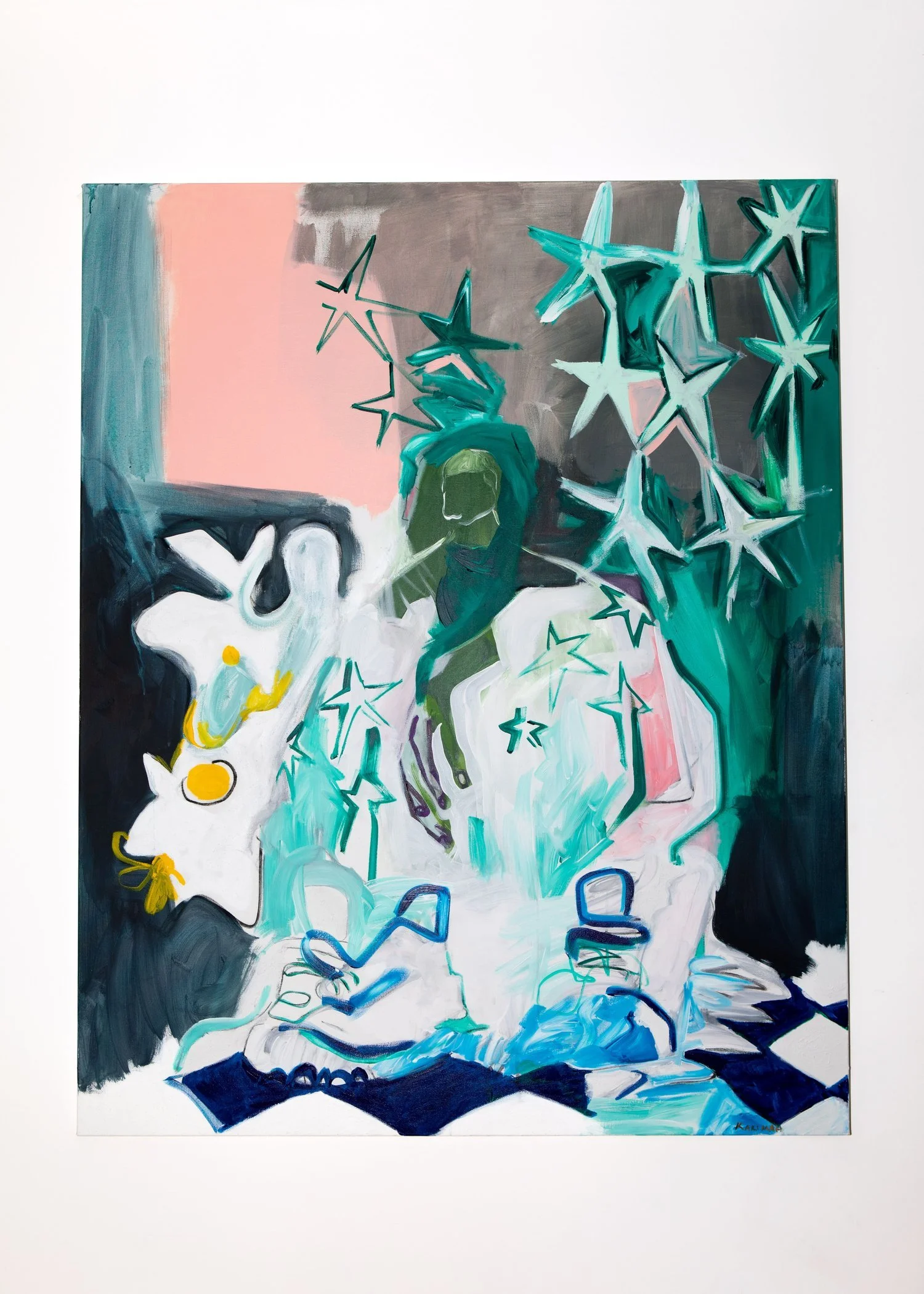 Abstract painting with a figure of a person, stars, a flower, and others colorful shapes and patterns.