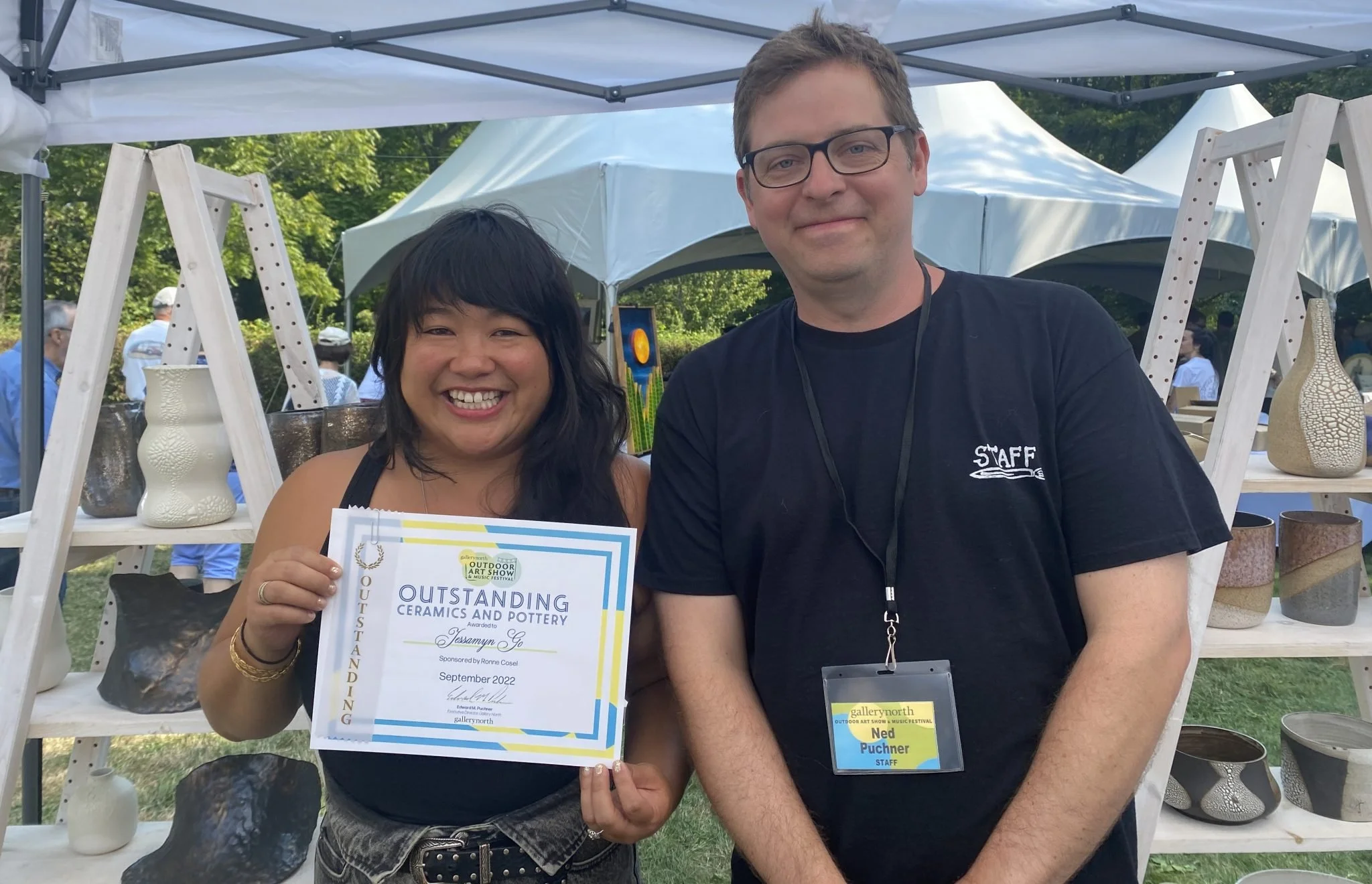 Long Island Ceramic Artist Jessamyn Go with Ned Puckner of Gallery North Winner Outstanding in Ceramics and Pottery