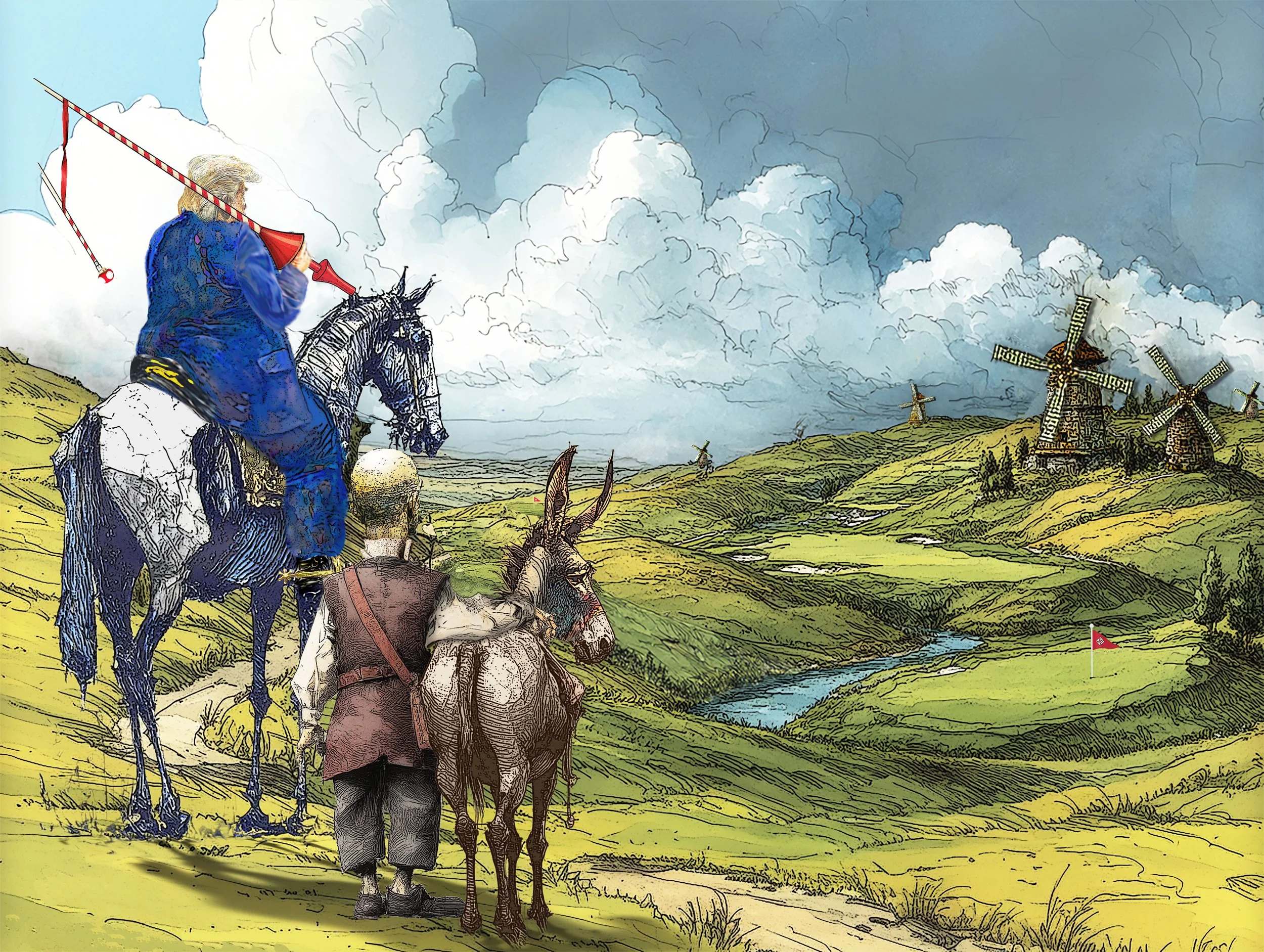 "Now look, your grace," said Sancho, "what you see over there aren't giants, but windmills, and what seems to be arms are just their sails, that go around in the wind and turn the millstone."
"Obviously," replied Don Quixote, "you don't know much abo