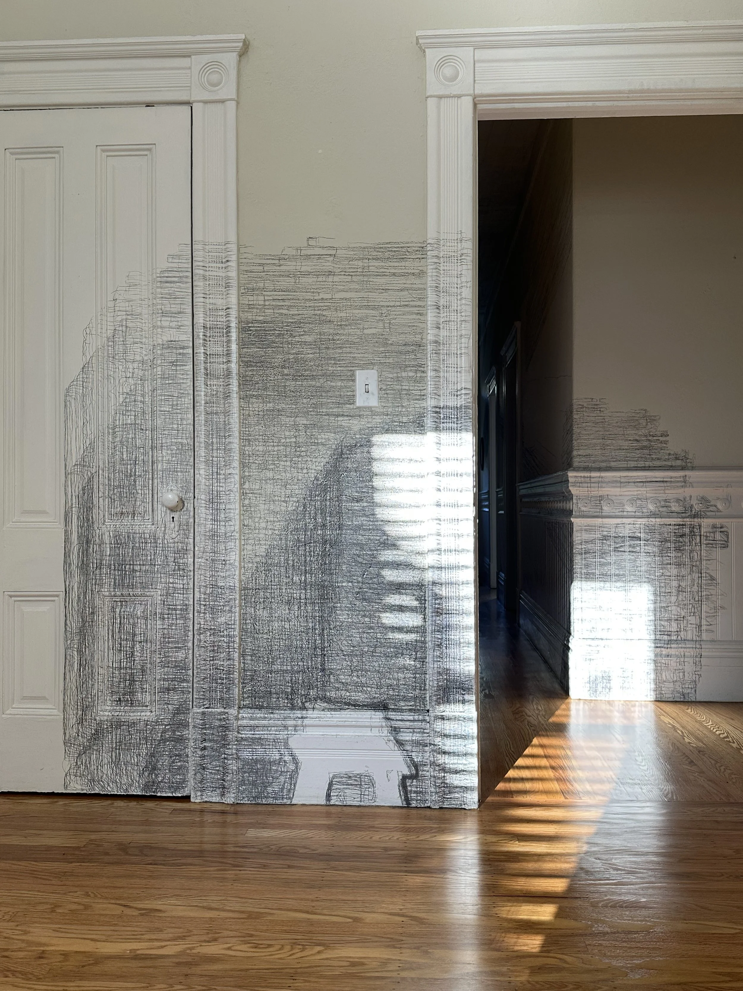 I close my eyes - Only for a moment - And the moment's gone, 2025, Graphite on architectural surfaces, Dimensions variable