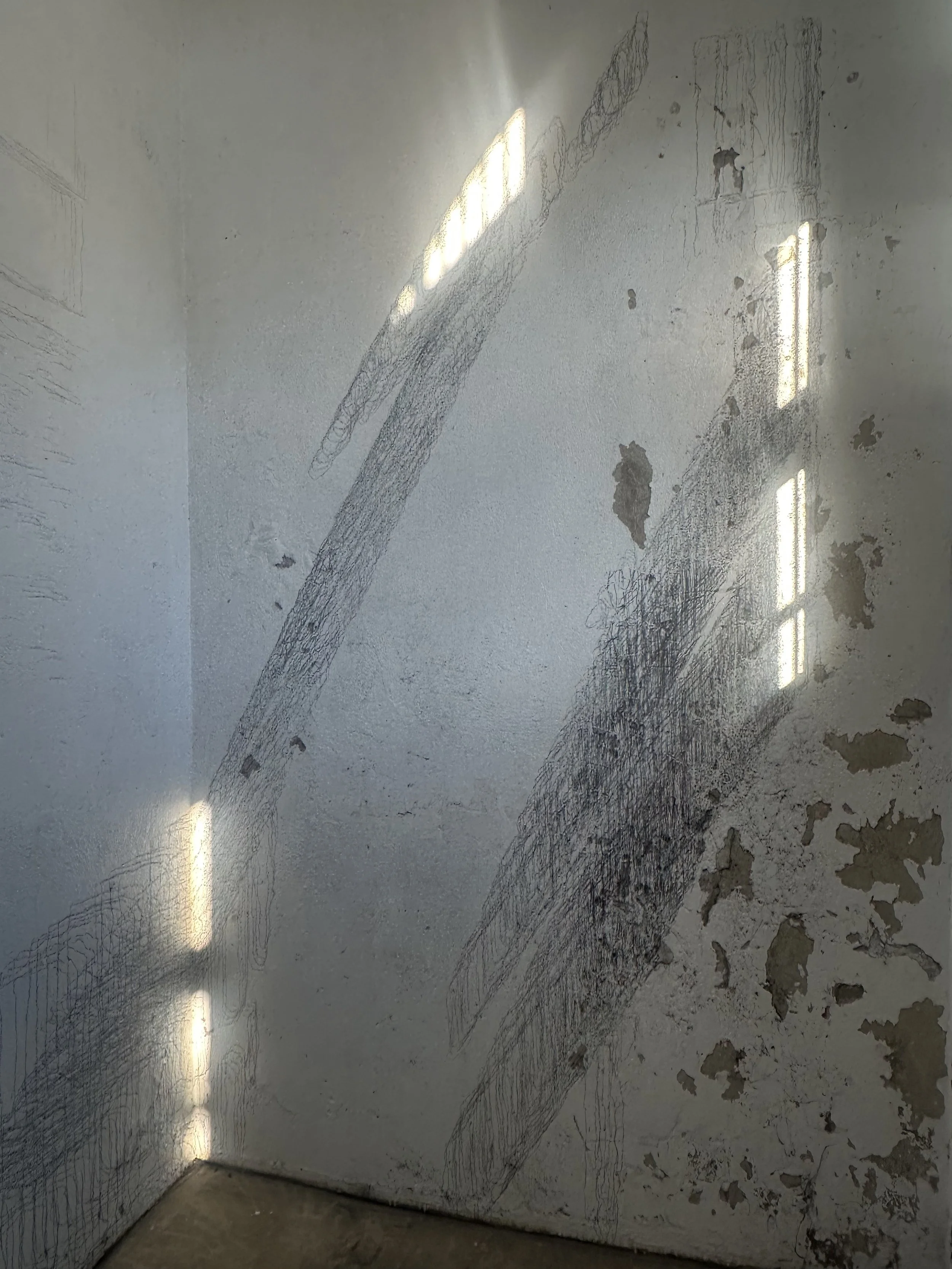 Holding On to Something Gone, 2026, Graphite on walls, sun, Dimensions variable