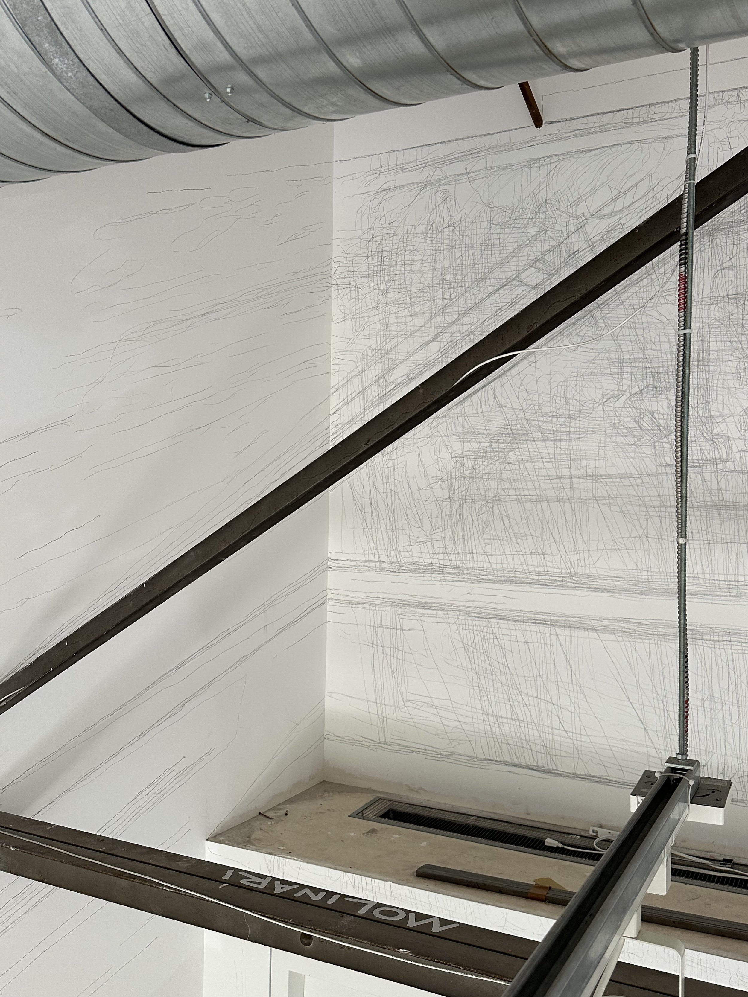 Catch & Release, 2025, Graphite on paper and walls, Dimensions variable