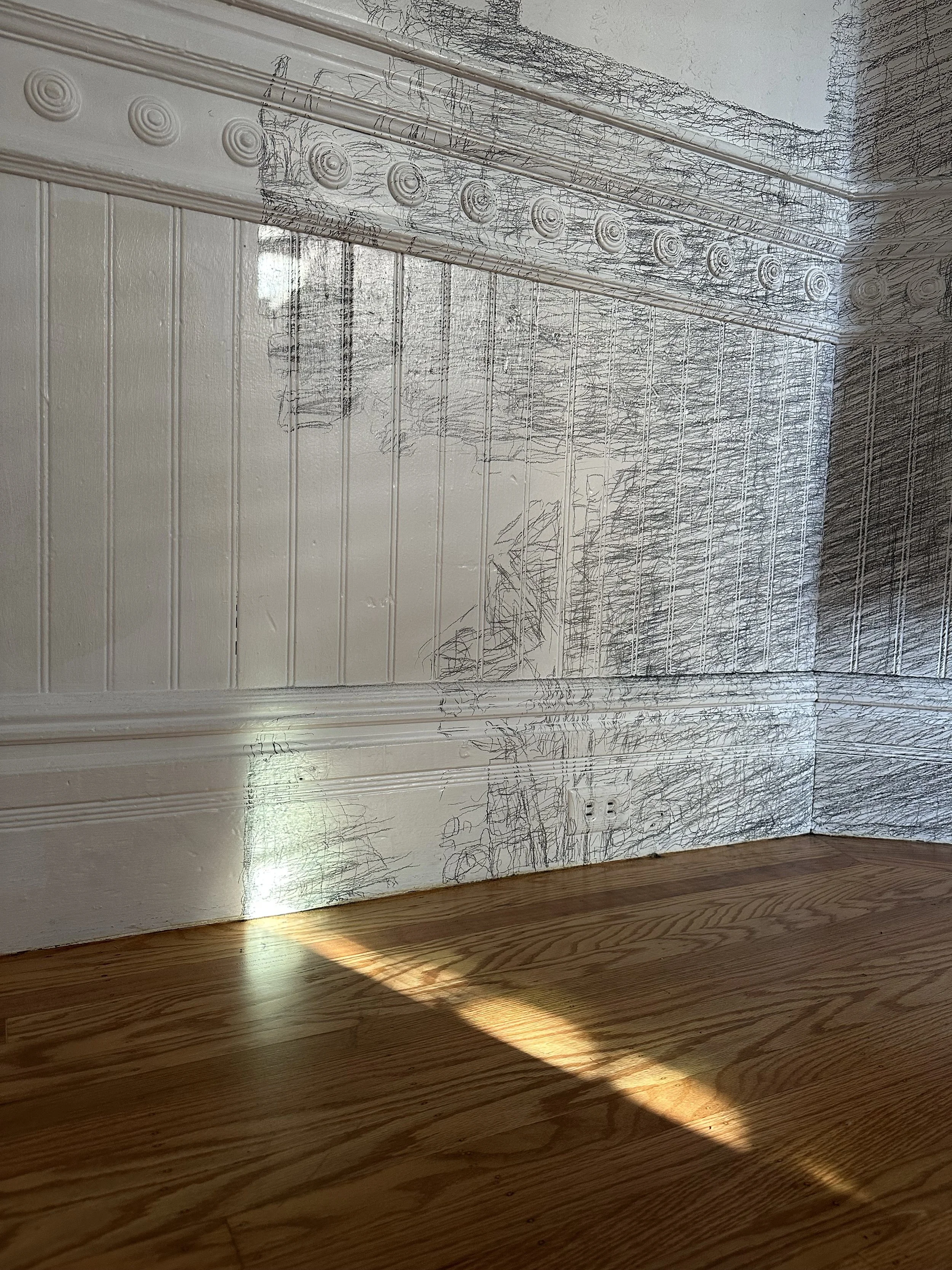I close my eyes - Only for a moment - And the moment's gone, 2025, Graphite on architectural surfaces, Dimensions variable