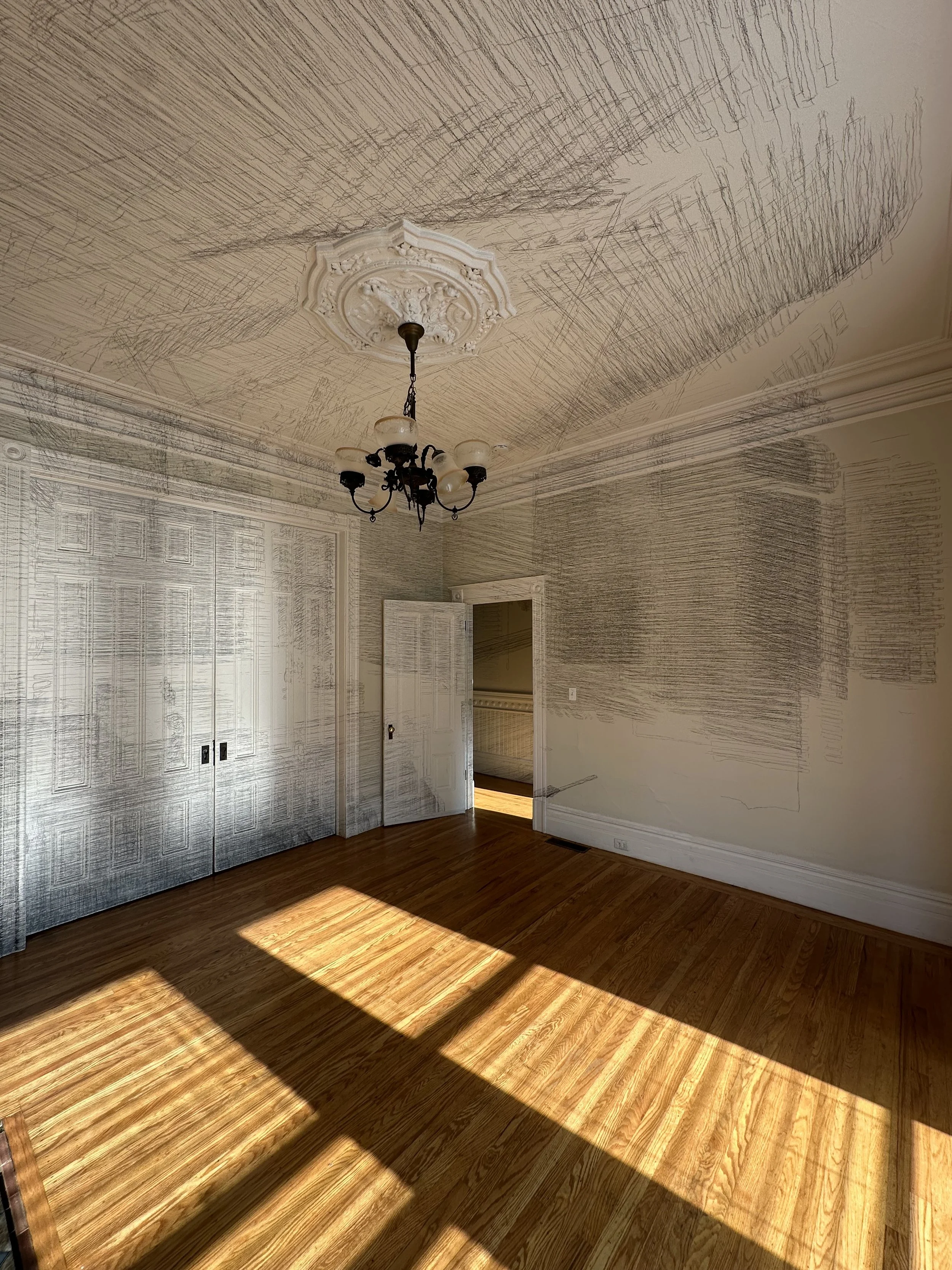 I close my eyes - Only for a moment - And the moment's gone, 2025, Graphite on architectural surfaces, Dimensions variable